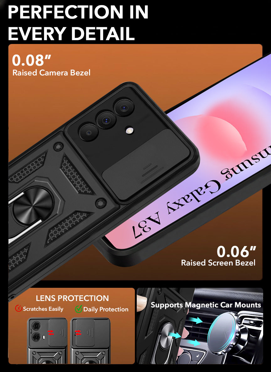 For Samsung Galaxy A37 5G Back Cover Case Hybrid Armor (Sliding Shutter Camera Protection | Polycarbonate |Ring Holder Kickstand)