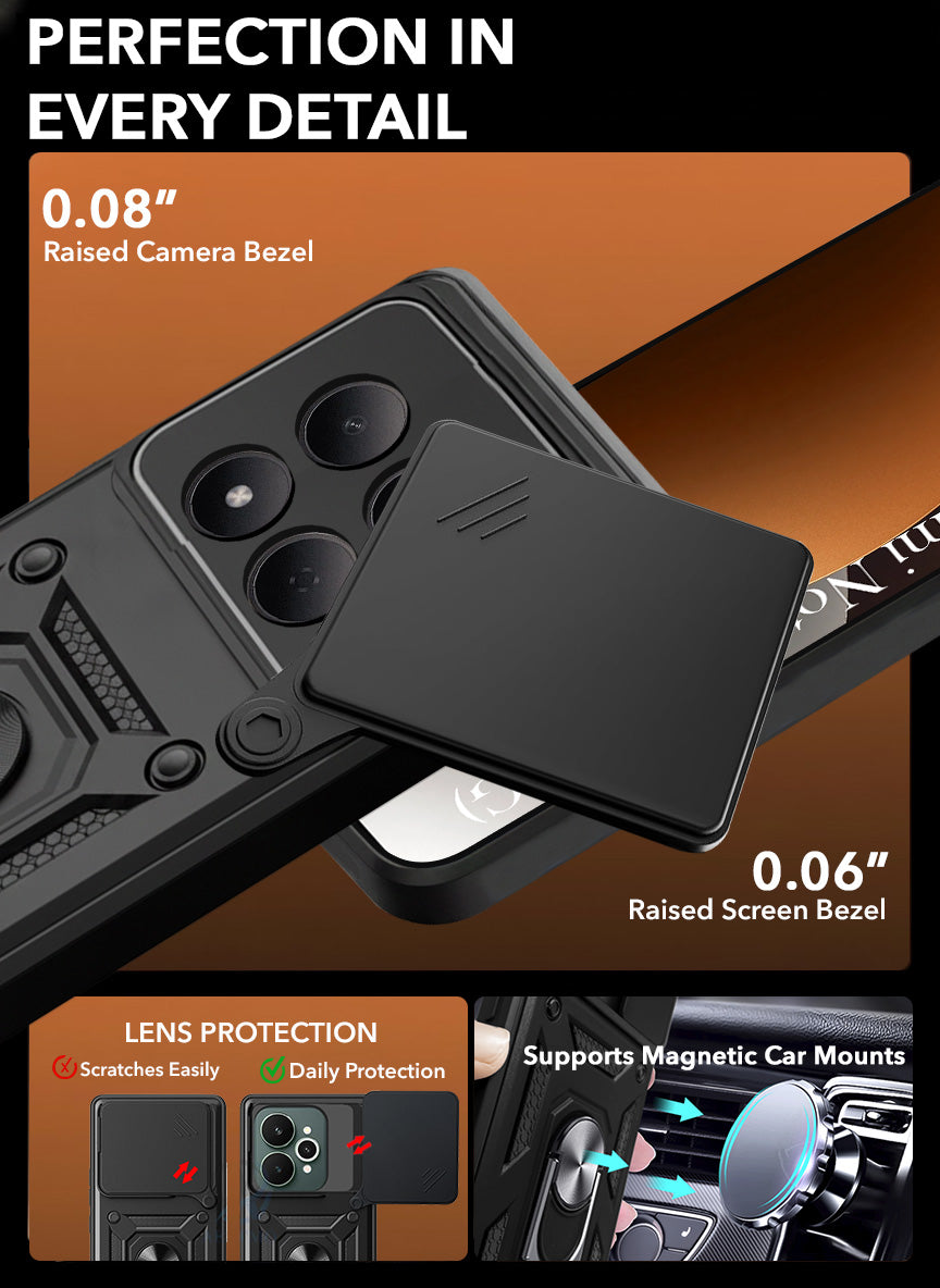 For Xiaomi Redmi Note 15 Pro 5G Back Cover Case Hybrid Armor (Sliding Shutter Camera Protection | Polycarbonate |Ring Holder Kickstand)