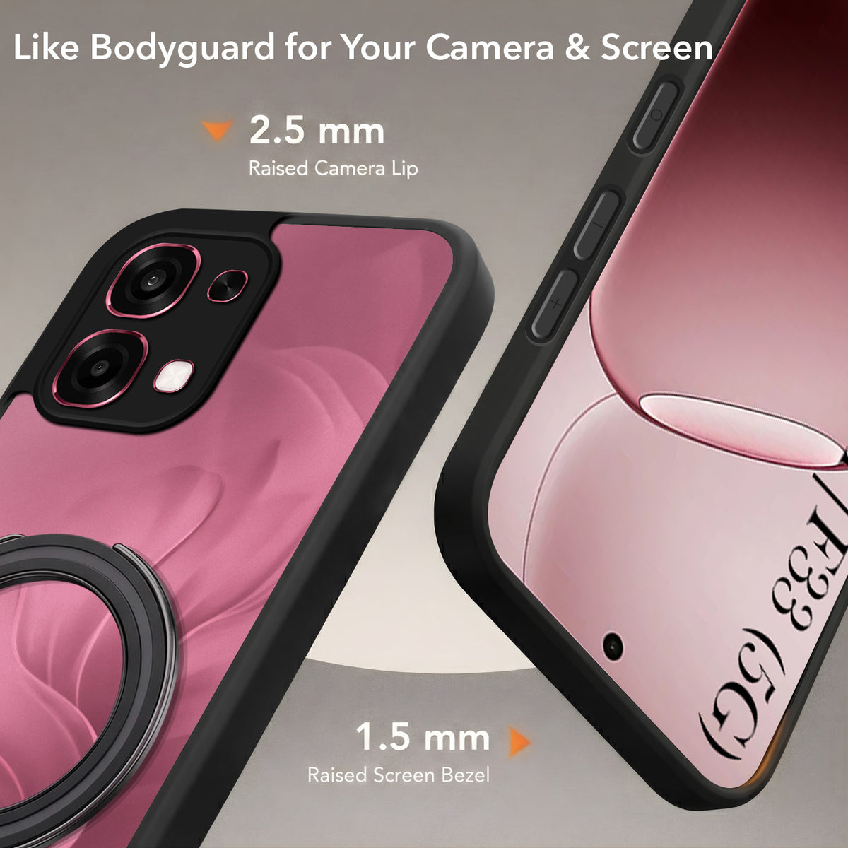 For Oppo F31 5G | Oppo F33 5G Back Cover Case (Kick Stand Ring Holder | Life time Anti Yellow | Camera Protection)