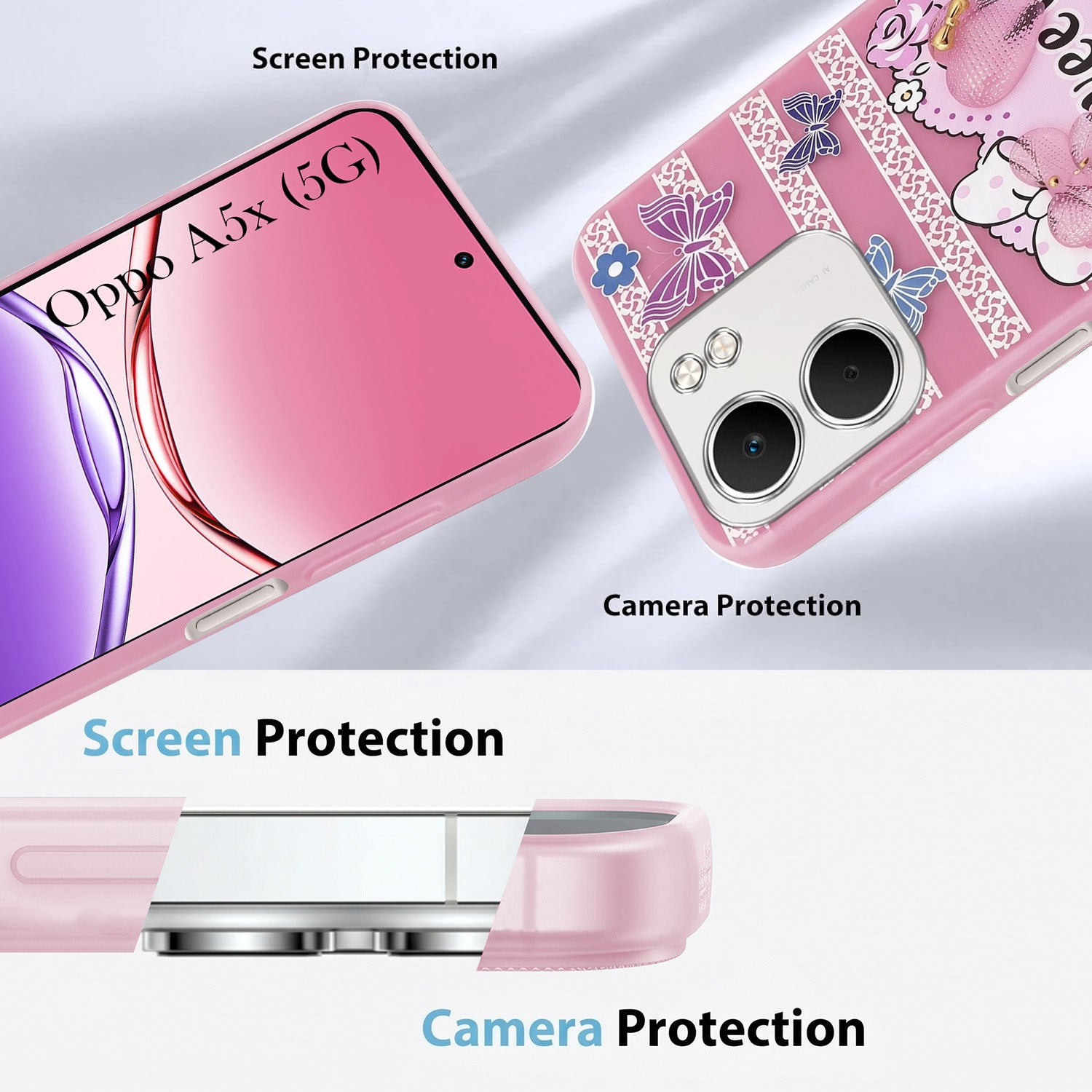 For Oppo A5X Back Cover Case (3D Cute Heart Strap Holder | Camera Protection | Designer Girls Print)