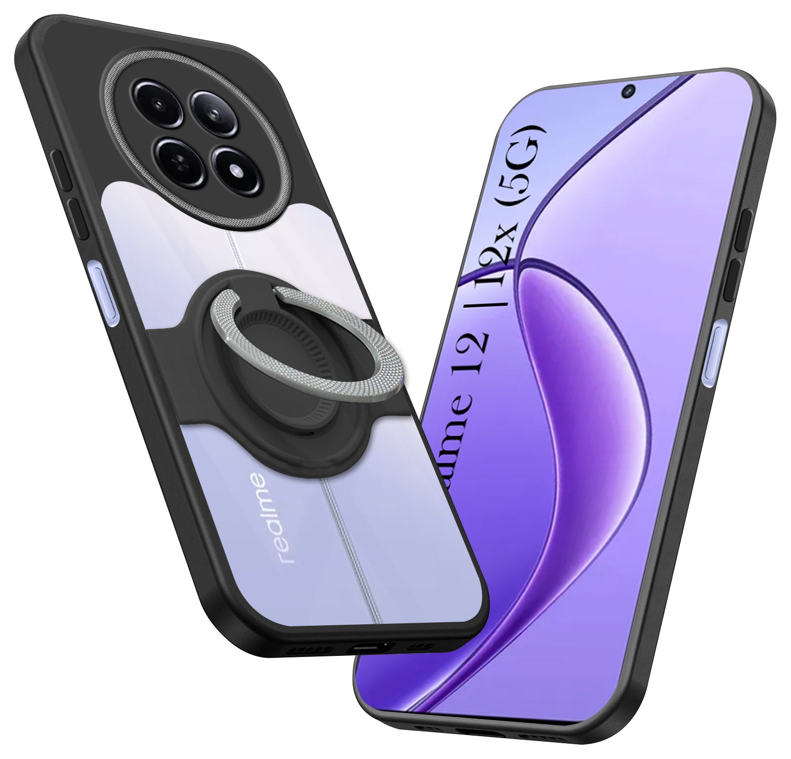 For Realme 12 | Realme 12X Back Cover Case with stand (Built-in Ring Holder Kickstand | Lifetime Anti Yellow | Camera Protection)