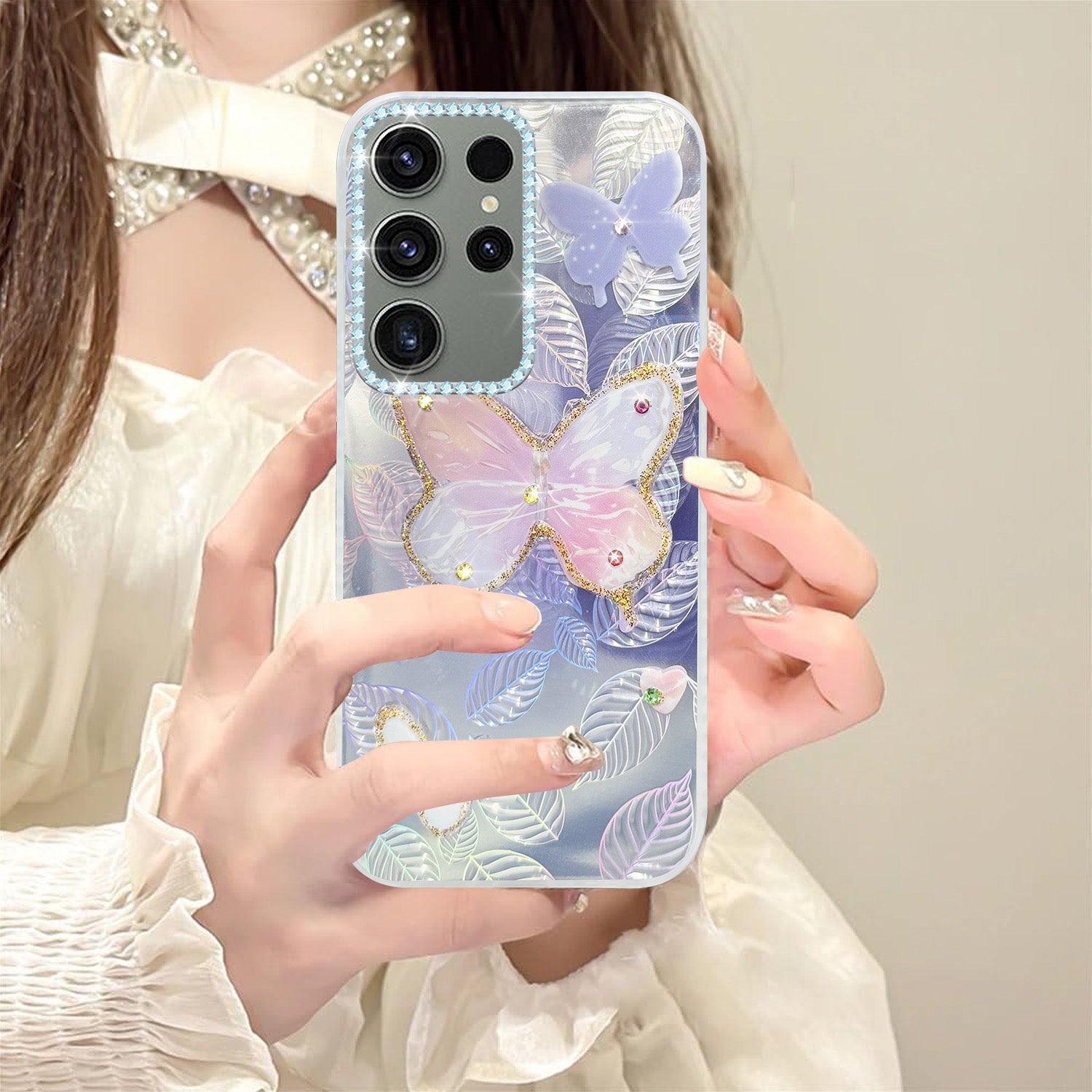 For Samsung Galaxy S23 Ultra Back Cover Case (Luxury Floral Glitter Cute Butterfly | Diamond Studded Camera Bump | Girls & Women Design)
