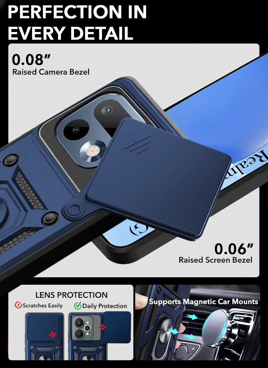 For Realme 16 Pro Back Cover Case Hybrid Armor (Sliding Shutter Camera Protection | Polycarbonate |Ring Holder Kickstand)
