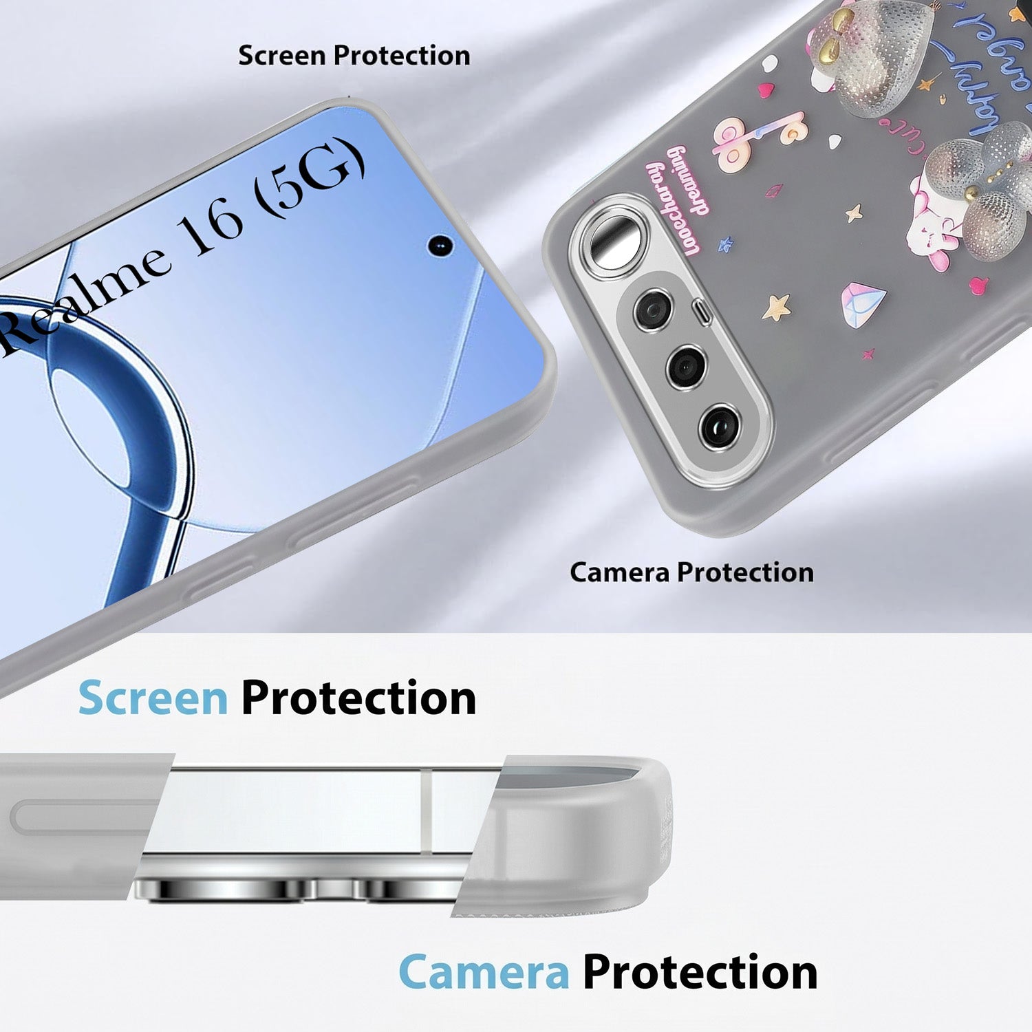 For Realme 16 Back Cover Case (3D Cute Heart Strap Holder | Camera Protection | Designer Girls Print)