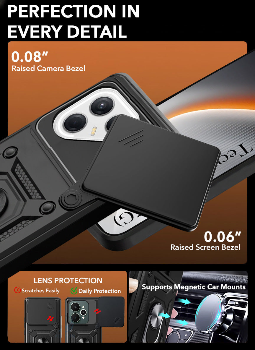 For Tecno Pova 7 5G Back Cover Case Hybrid Armor (Sliding Shutter Camera Protection | Polycarbonate |Ring Holder Kickstand)