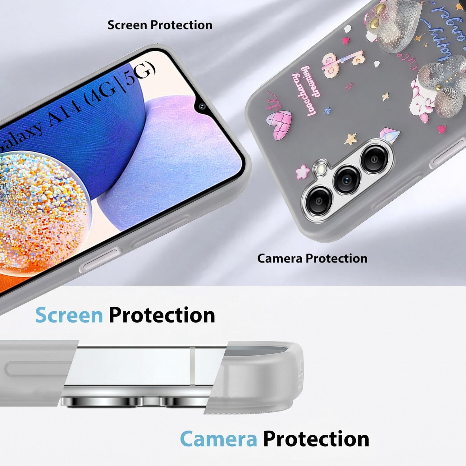 For Samsung Galaxy A14 4G | 5G Back Cover Case (3D Cute Heart Strap Holder | Camera Protection | Designer Girls Print)