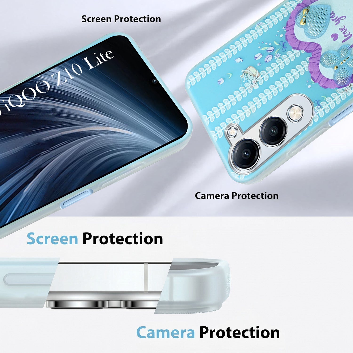 For Vivo iQOO Z10 Lite Back Cover Case (3D Cute Heart Strap Holder | Camera Protection | Designer Girls Print)