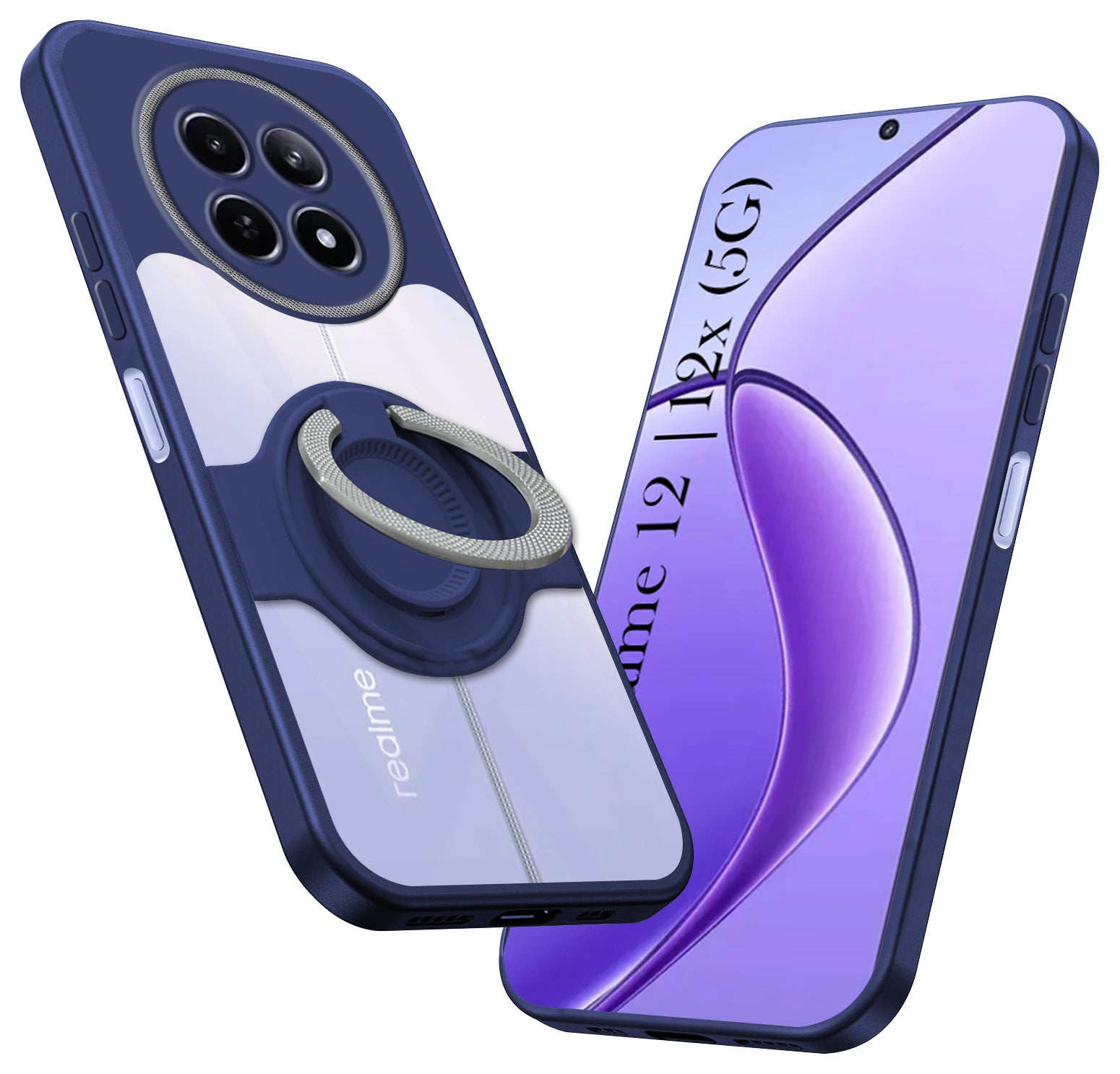 For Realme 12 | Realme 12X Back Cover Case with stand (Built-in Ring Holder Kickstand | Lifetime Anti Yellow | Camera Protection)