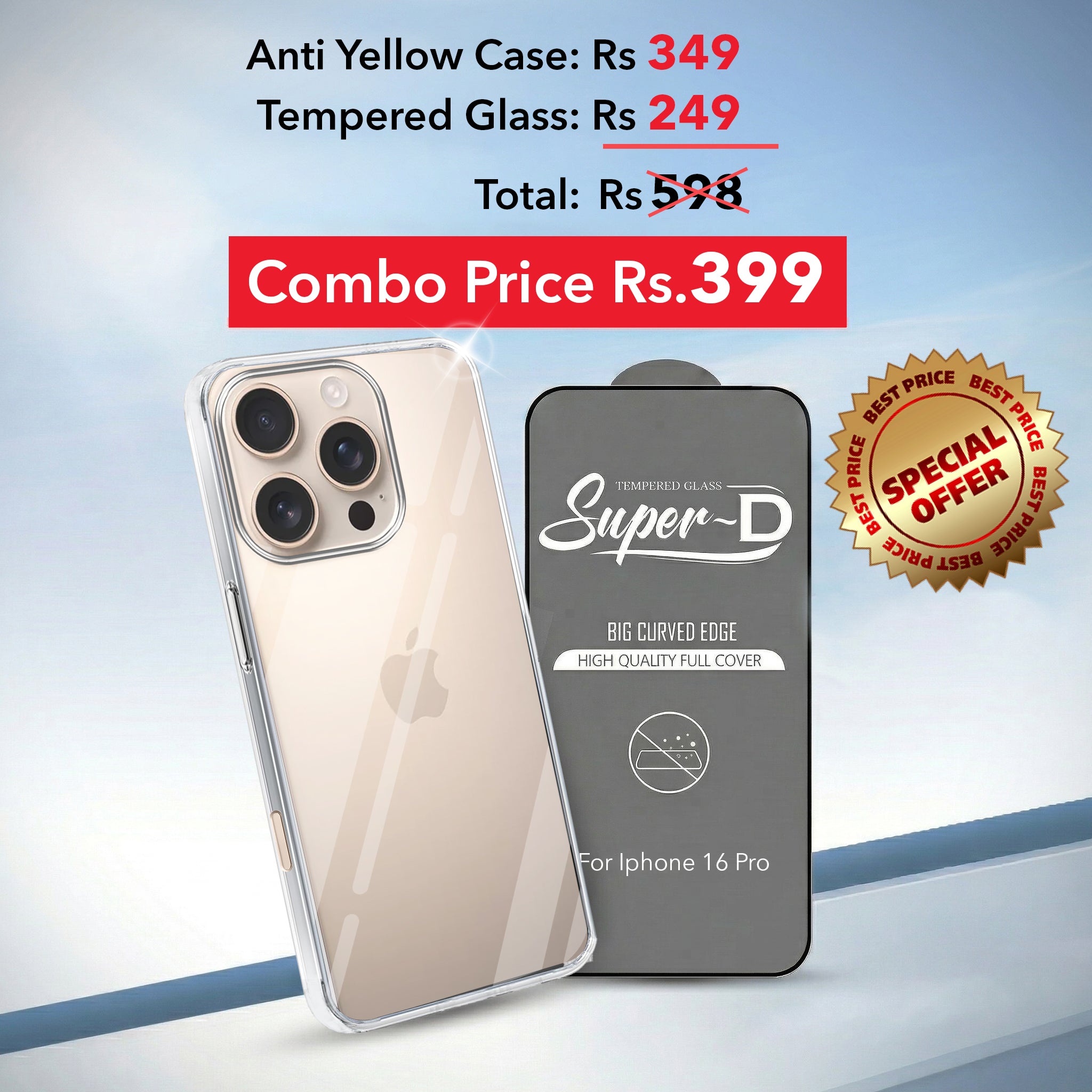 For Apple iPhone 16 Pro Combo with Back Cover and 9H Tempered Glass (Lifetime Anti-Yellow | Sleek Hard Crystal | Oleophobic Coating Screen Glass)