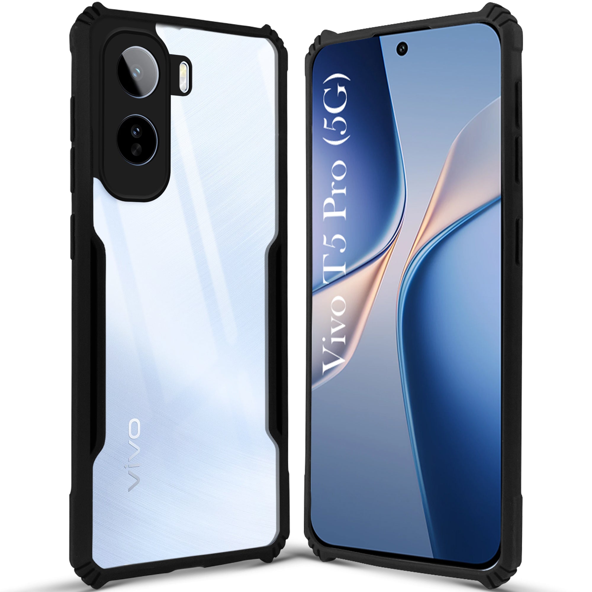 For Vivo T5 Pro 5G Back Cover Case Hybrid (Shockproof with Polycarbonate Clear Panel | Professional Black)