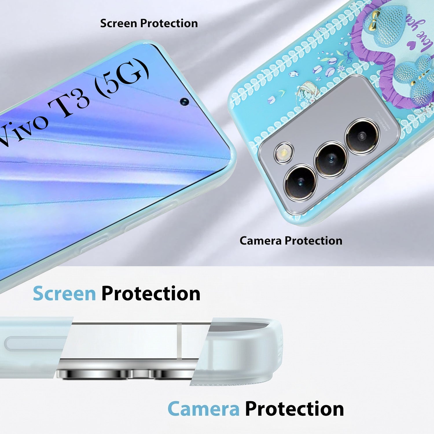 For Vivo T3 5G Back Cover Case (3D Cute Heart Strap Holder | Camera Protection | Designer Girls Print)