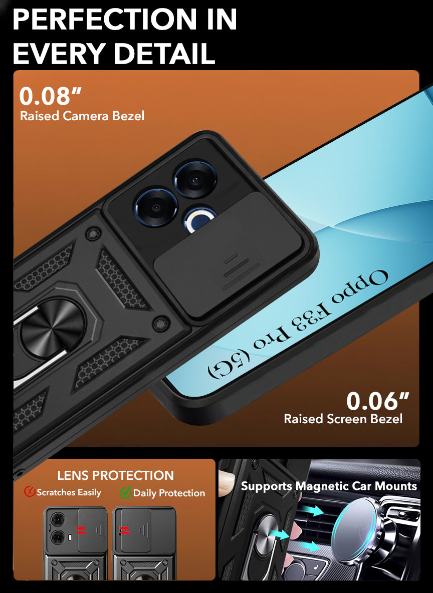 For Oppo F33 Pro 5G Back Cover Case Hybrid Armor (Sliding Shutter Camera Protection | Polycarbonate |Ring Holder Kickstand)