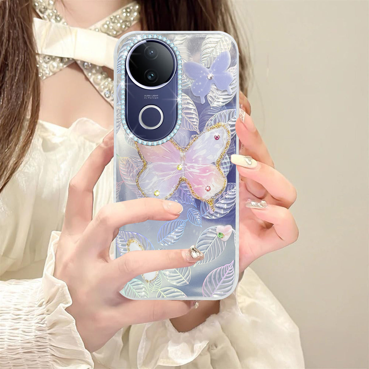 For Vivo T4R Back Cover Case (Luxury Floral Glitter Cute Butterfly | Diamond Studded Camera Bump | Girls & Women Design)