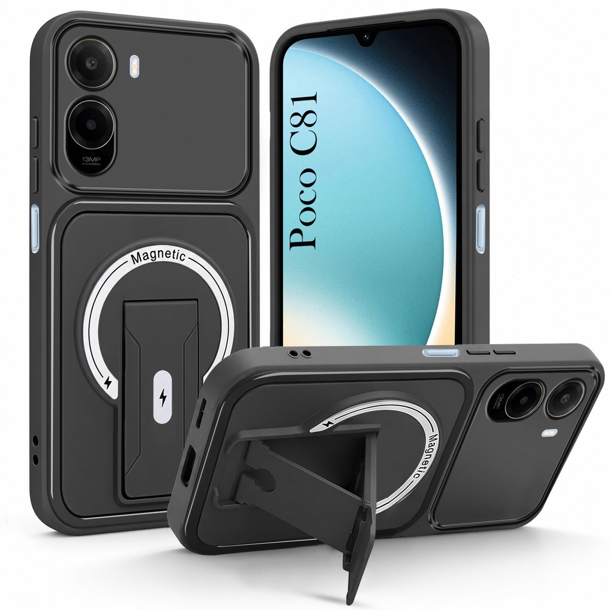 For Poco C81 5G Back Case Cover Metallic (Hybrid Armor Kickstand | MagSafe Compatible | Camera Protection Shockproof)