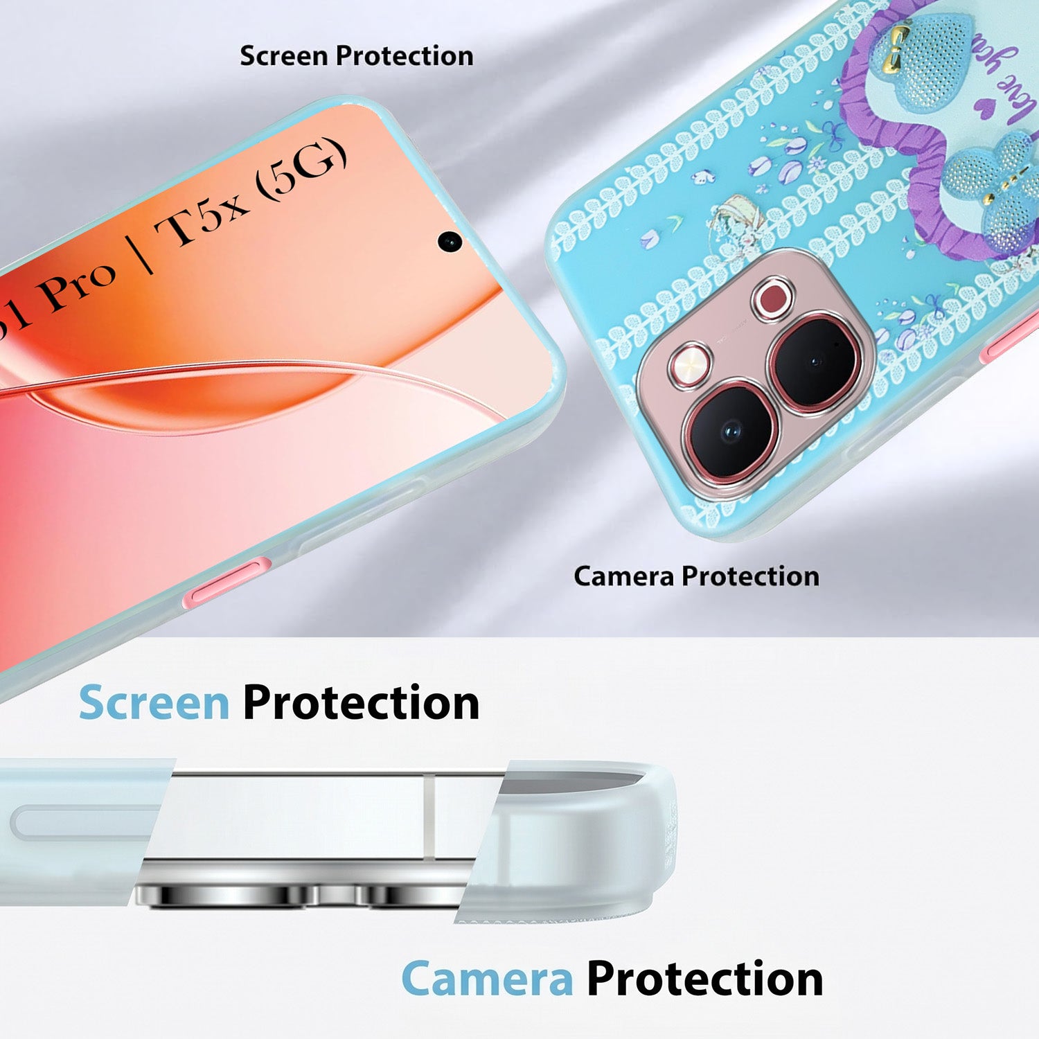 For Vivo Y51 Pro 5G | Vivo T5x Back Cover Case (3D Cute Heart Strap Holder | Camera Protection | Designer Girls Print)