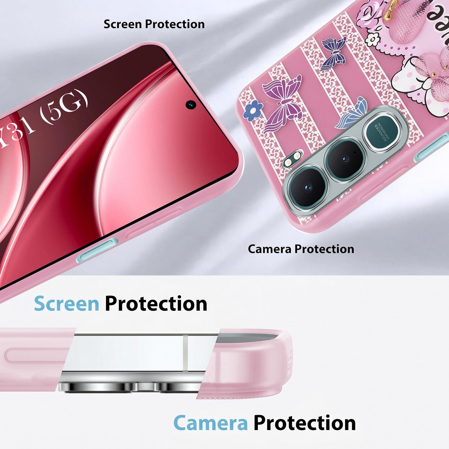 For Vivo Y31 5G Back Cover Case (3D Cute Heart Strap Holder | Camera Protection | Designer Girls Print)