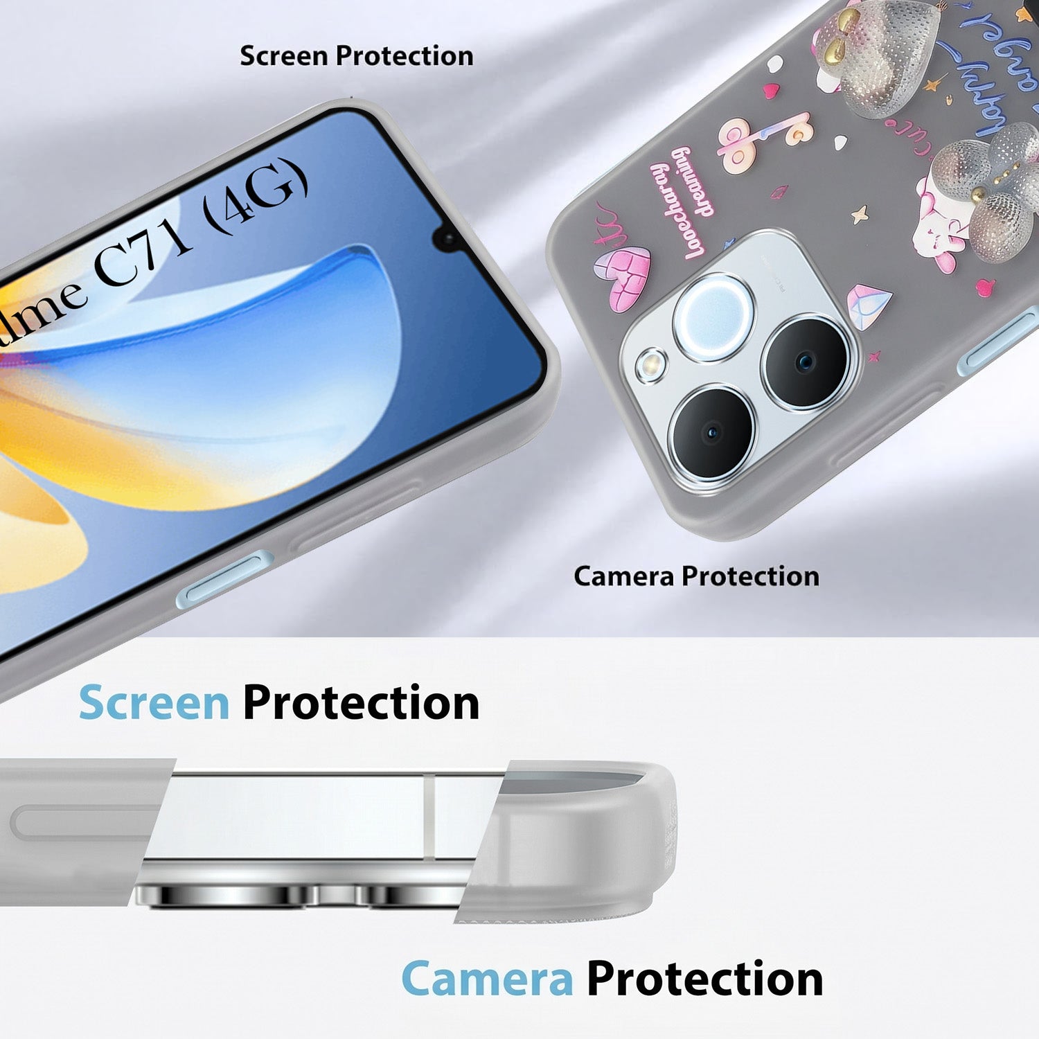 For Realme C71 Back Cover Case (3D Cute Heart Strap Holder | Camera Protection | Designer Girls Print)