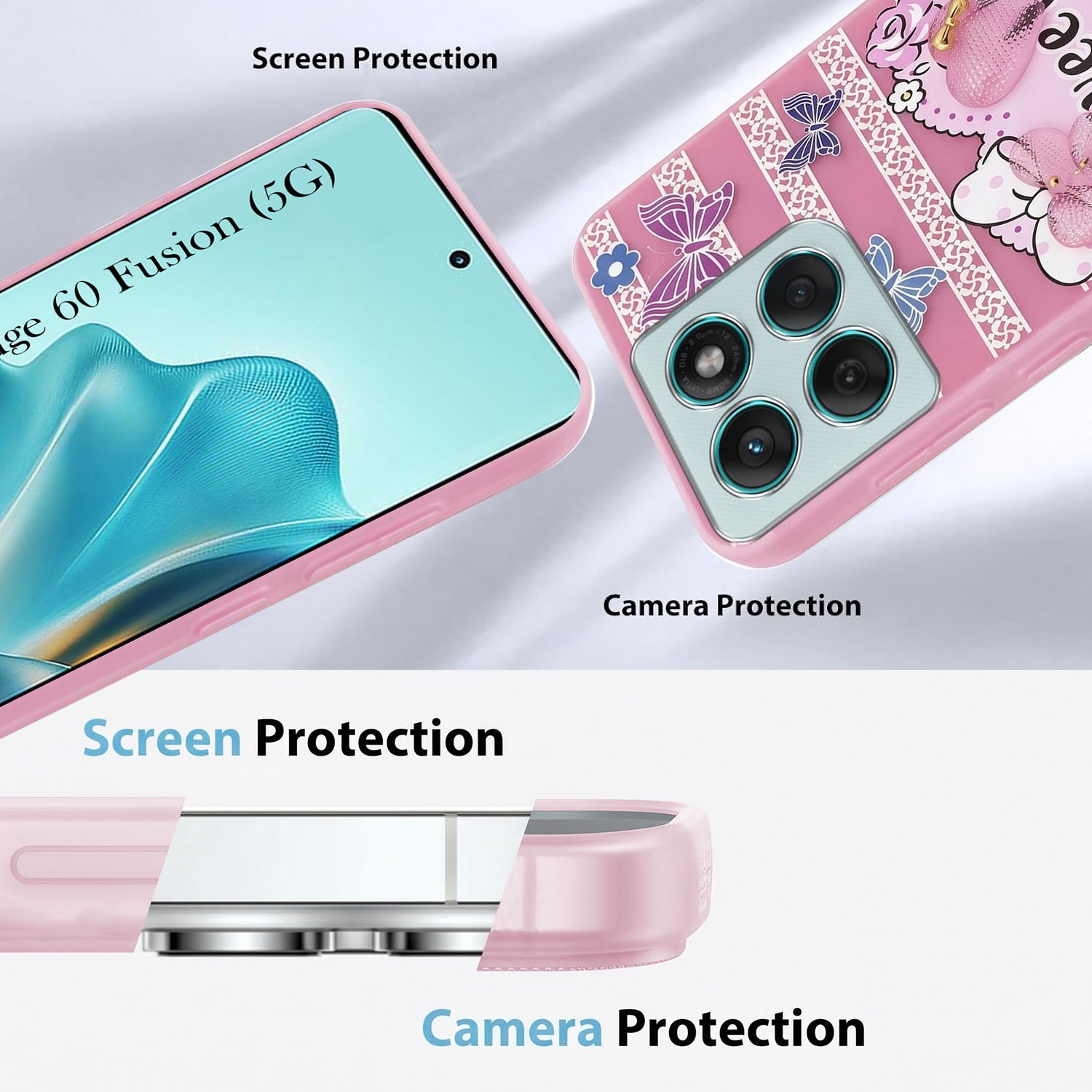 For Motorola Moto Edge 60 Fusion Back Cover Case (3D Cute Heart Strap Holder | Camera Protection | Designer Girls Print)