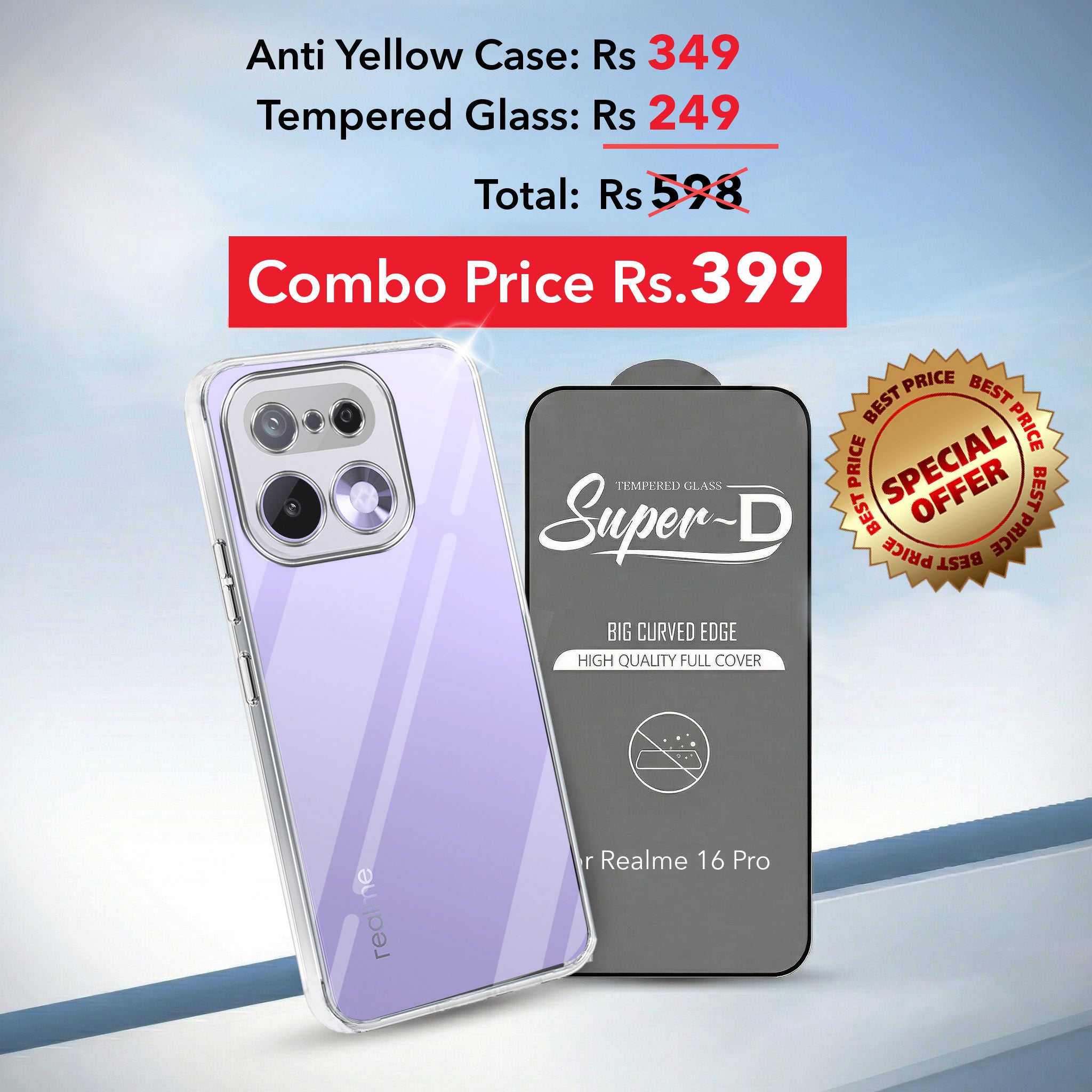 For Realme 16 Pro Combo with Back Cover and 9H Tempered Glass (Lifetime Anti-Yellow | Sleek Hard Crystal | Oleophobic Coating Screen Glass)