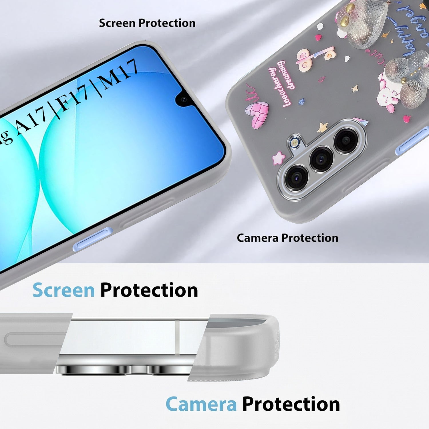 For Samsung A17 Back Cover Case (3D Cute Heart Strap Holder | Camera Protection | Designer Girls Print)
