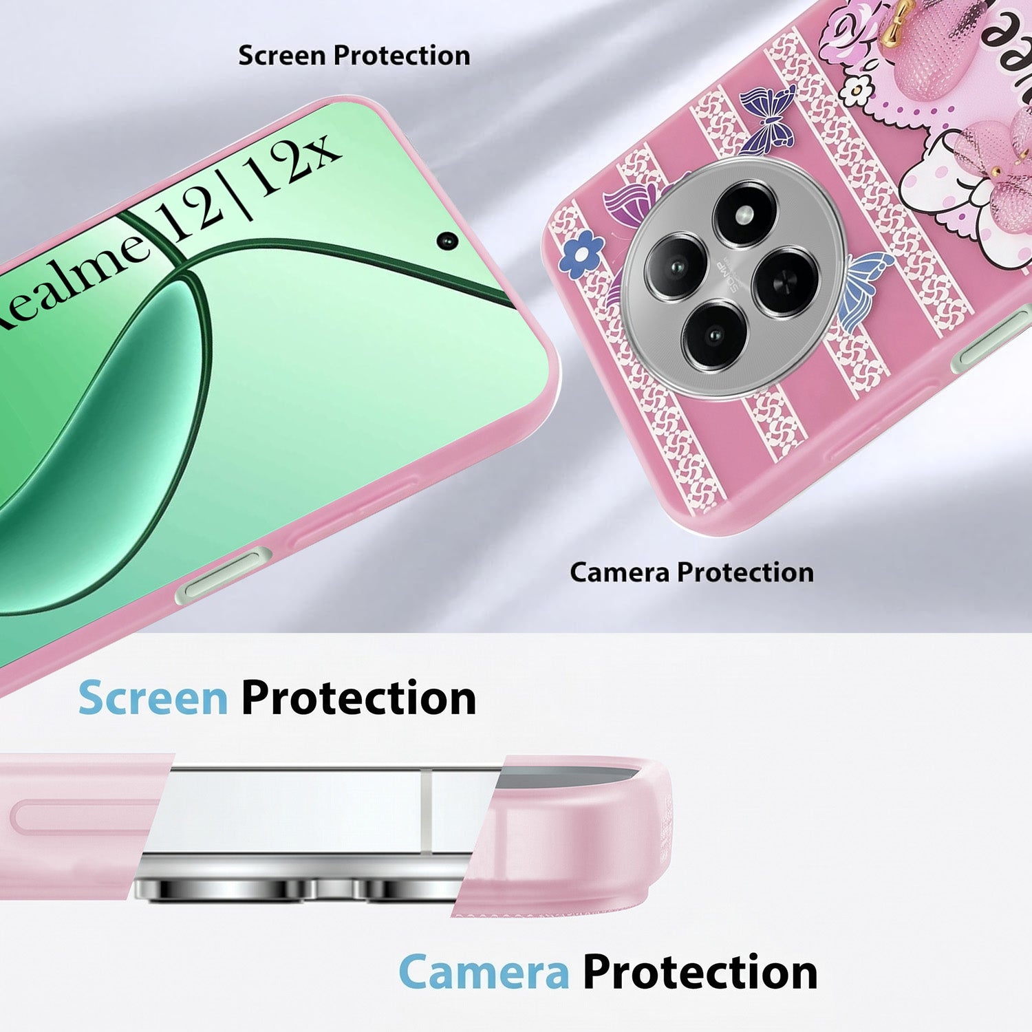 For Realme 12 | Realme 12X Back Cover Case (3D Cute Heart Strap Holder | Camera Protection | Designer Girls Print)