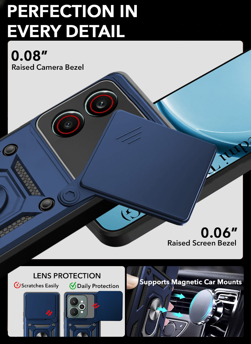 For Redmi Turbo 5 Back Cover Case Hybrid Armor (Sliding Shutter Camera Protection | Polycarbonate |Ring Holder Kickstand)