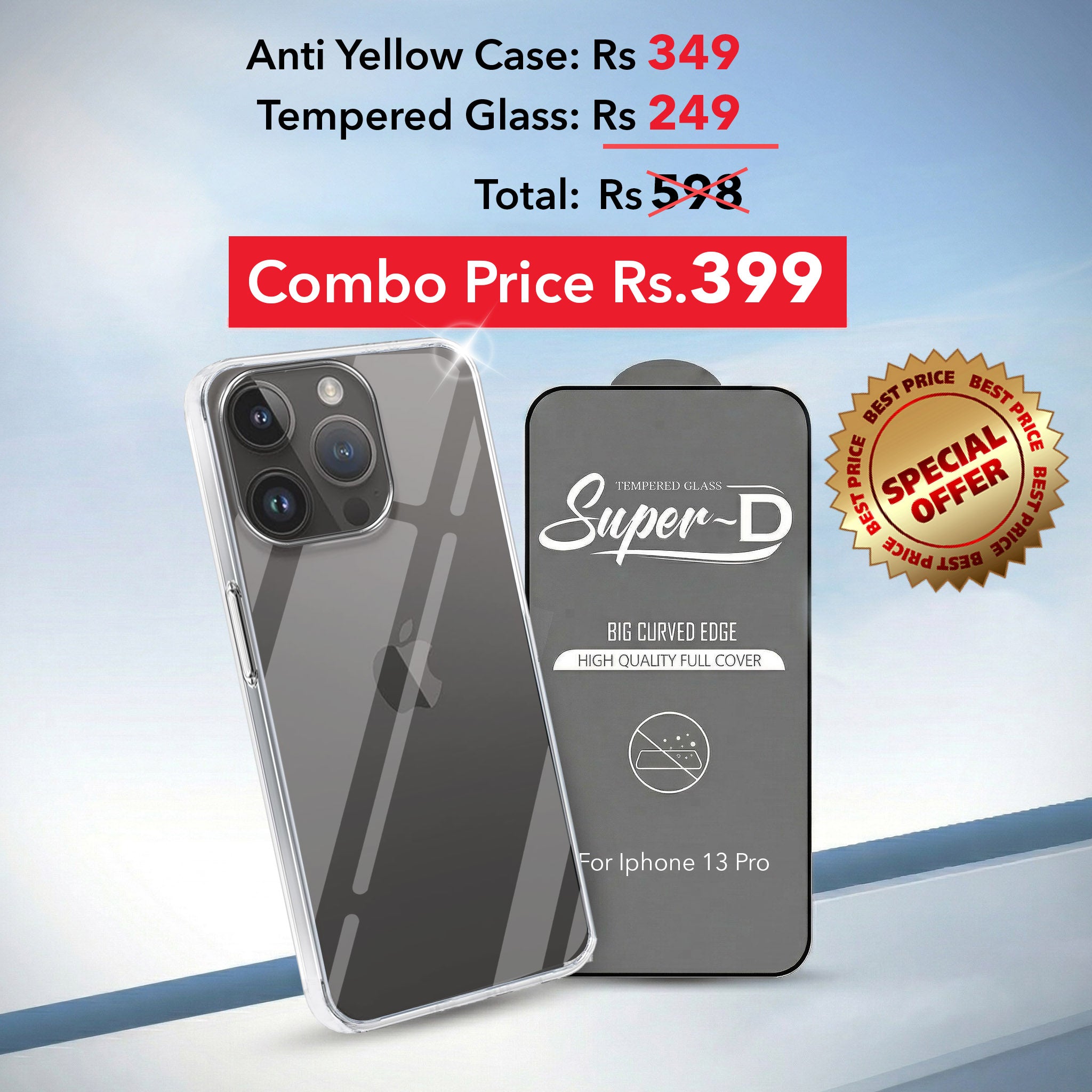 For Apple iPhone 13 Pro Combo with Back Cover and 9H Tempered Glass (Lifetime Anti-Yellow | Sleek Hard Crystal | Oleophobic Coating Screen Glass)