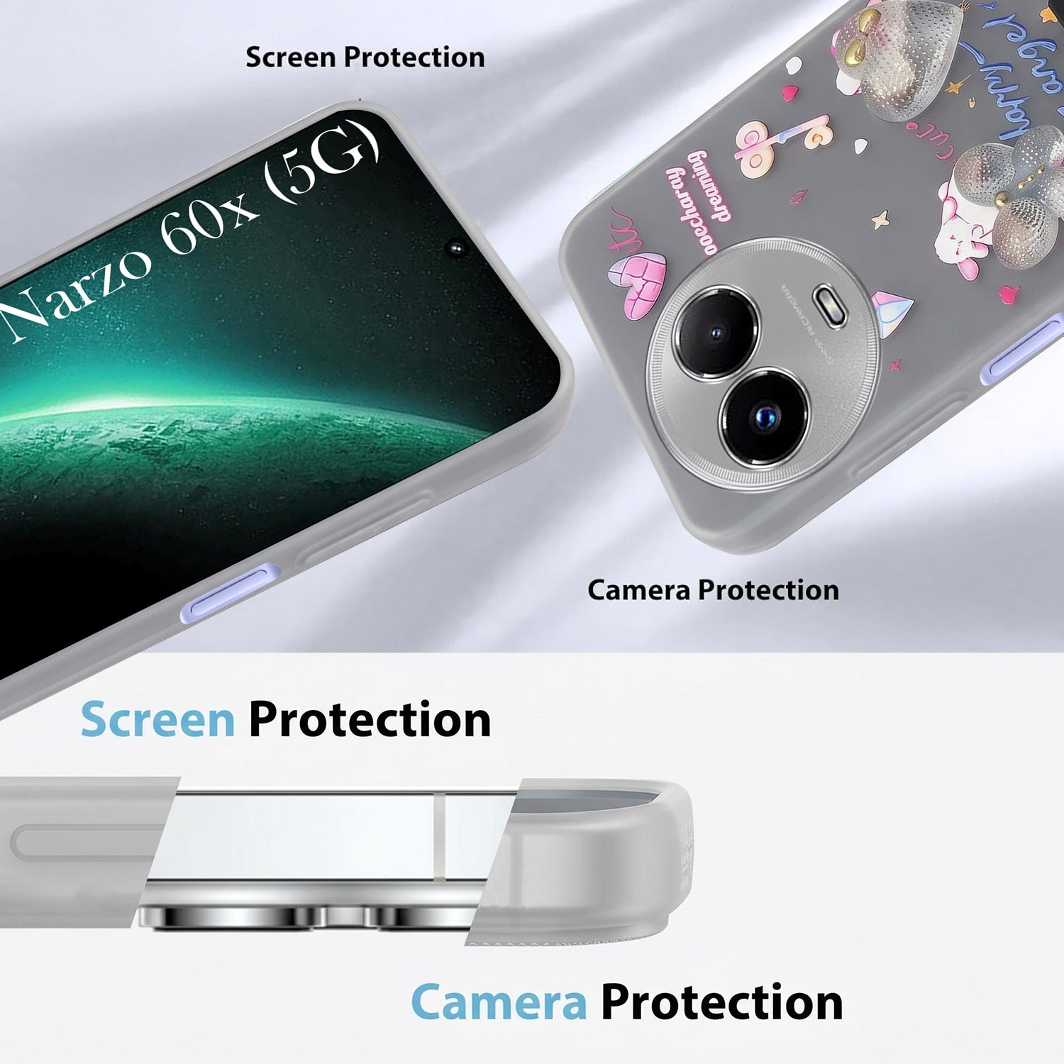 For Realme Narzo 60x Back Cover Case (3D Cute Heart Strap Holder | Camera Protection | Designer Girls Print)
