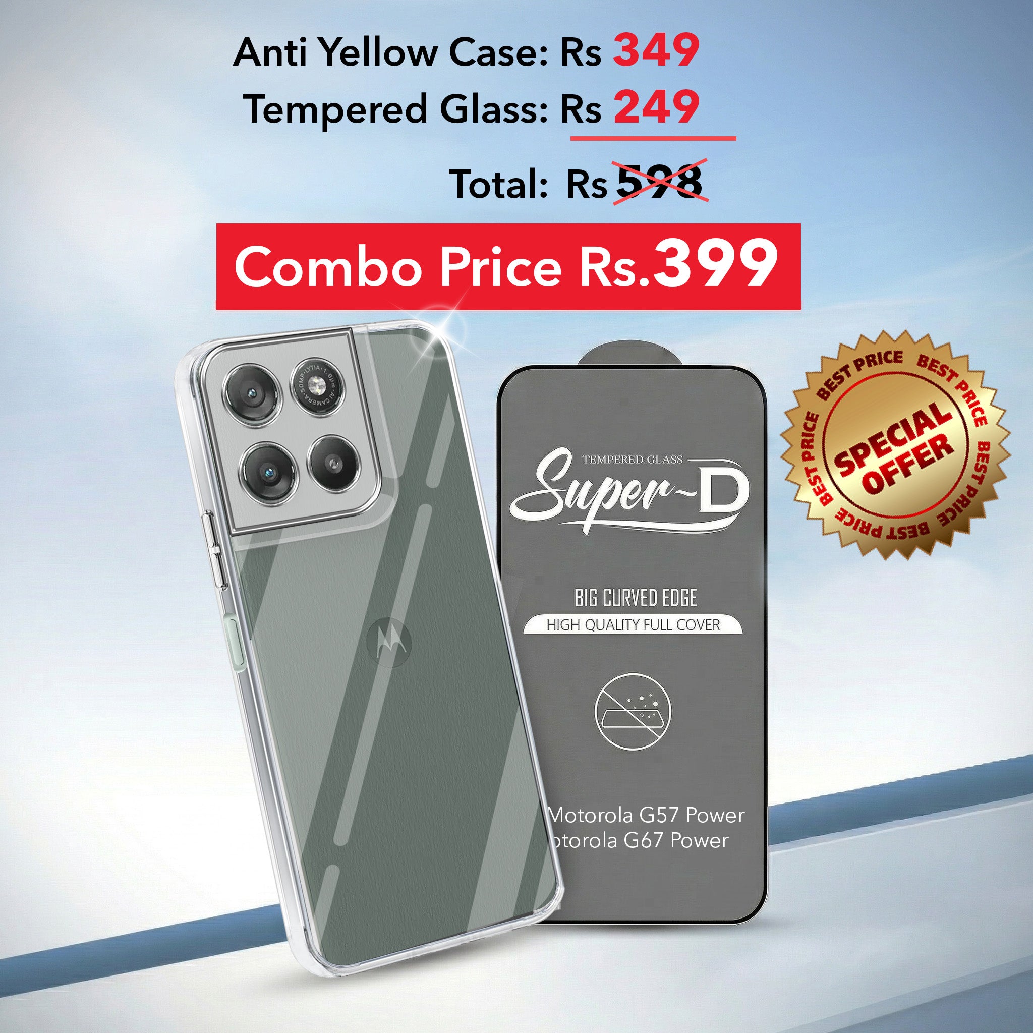 For Motorola Moto G67 Power | G57 Power Combo with Back Cover and 9H Tempered Glass (Lifetime Anti-Yellow | Sleek Hard Crystal | Oleophobic Coating Screen Glass)