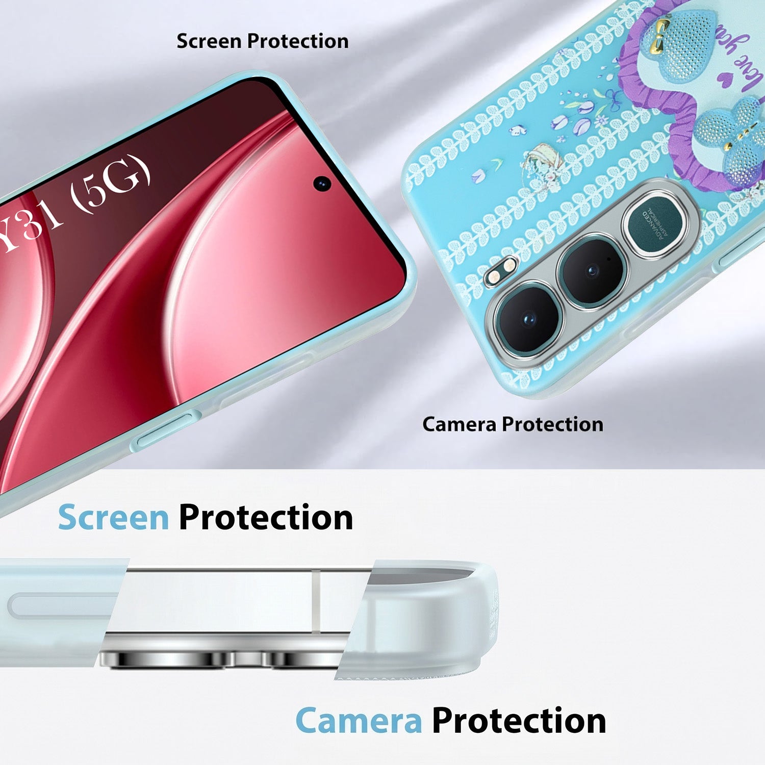 For Vivo Y31 5G Back Cover Case (3D Cute Heart Strap Holder | Camera Protection | Designer Girls Print)