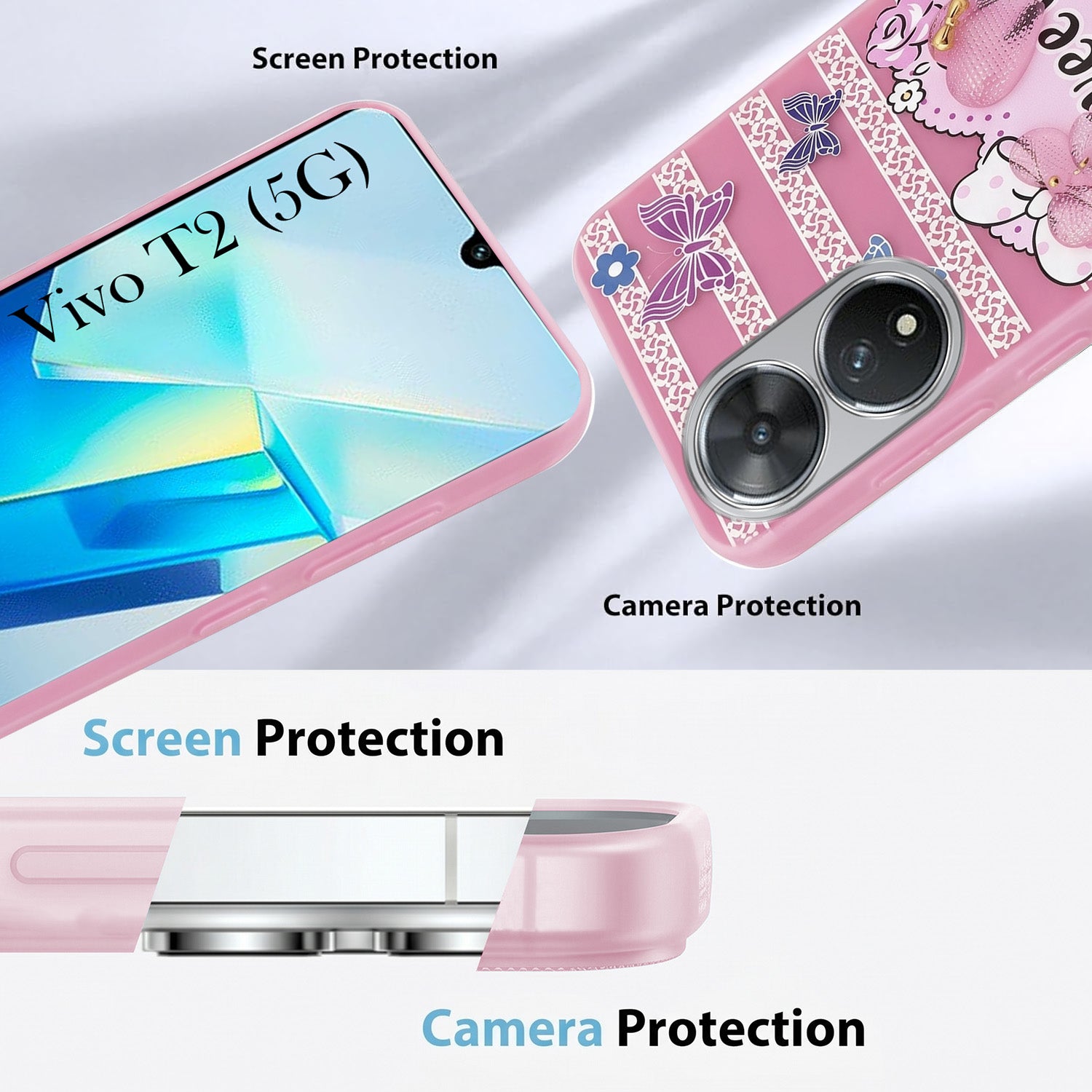 For Vivo T2 Back Cover Case (3D Cute Heart Strap Holder | Camera Protection | Designer Girls Print)