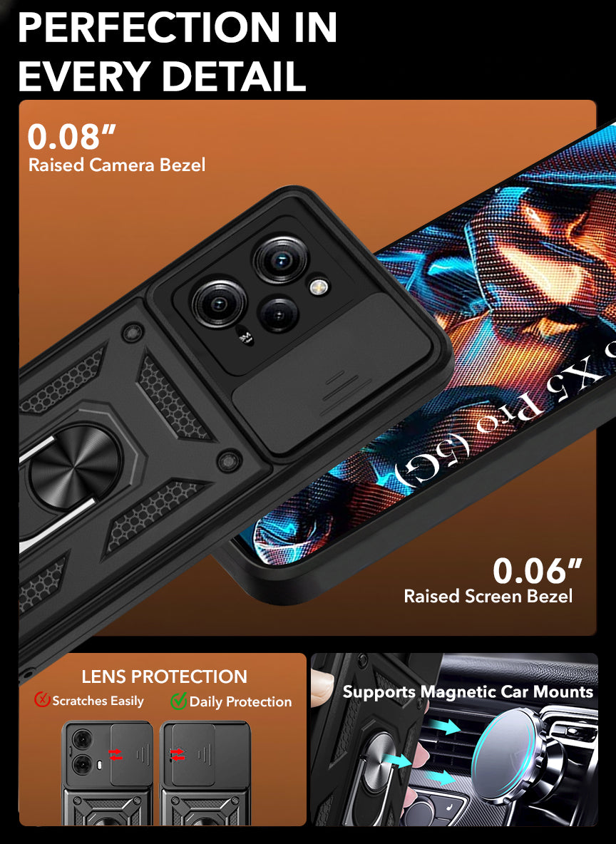 For Poco X5 Pro 5G Back Cover Case (Sliding Shutter Camera Protection | Polycarbonate |Ring Holder Kickstand)