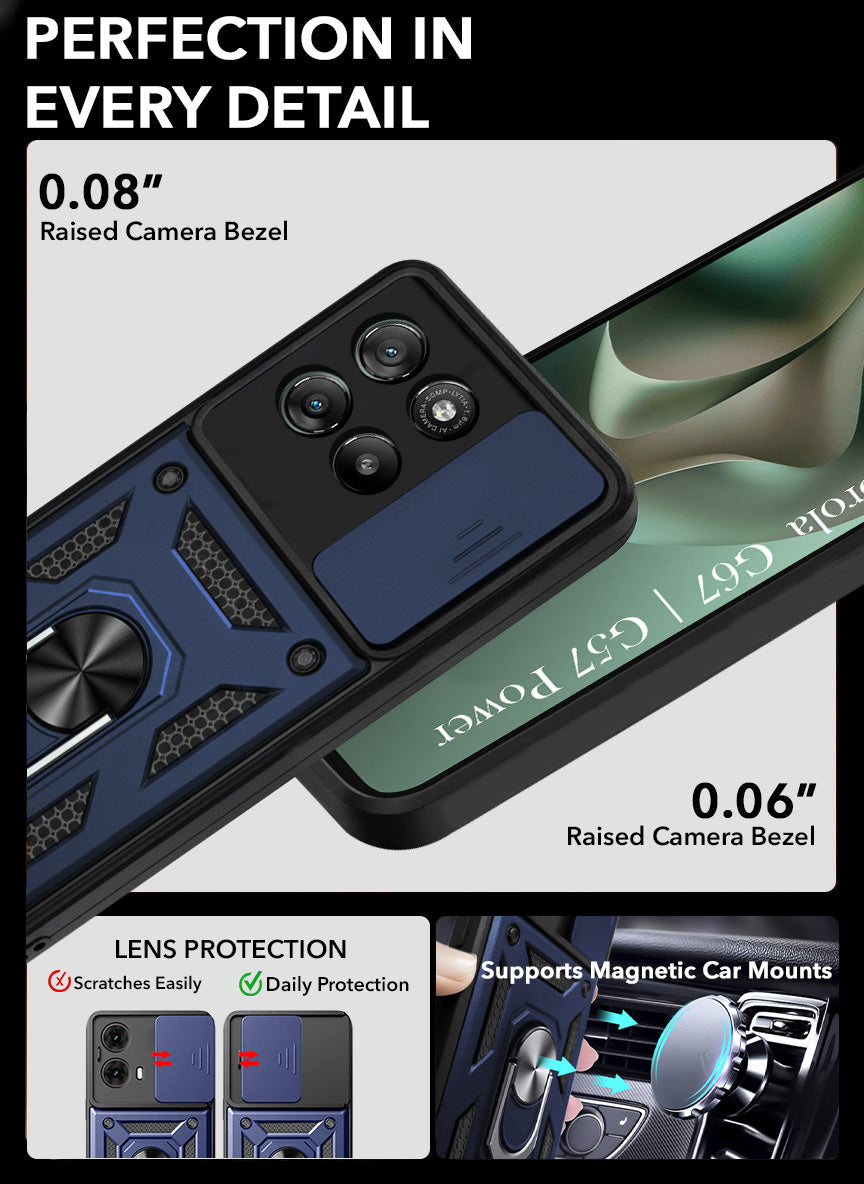 For Motorola Moto G67 Power | G57 Power Back Cover Case Hybrid Armor (Sliding Shutter Camera Protection | Polycarbonate |Ring Holder Kickstand)