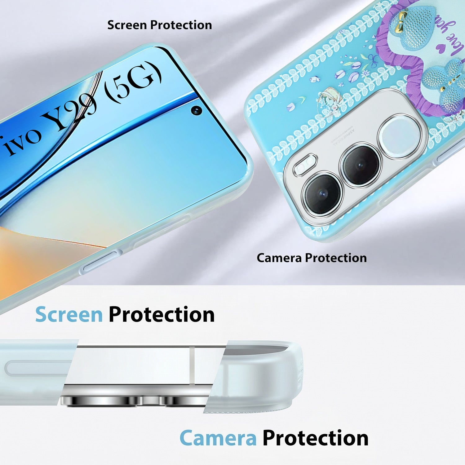 For Vivo Y29 Back Cover Case (3D Cute Heart Strap Holder | Camera Protection | Designer Girls Print)