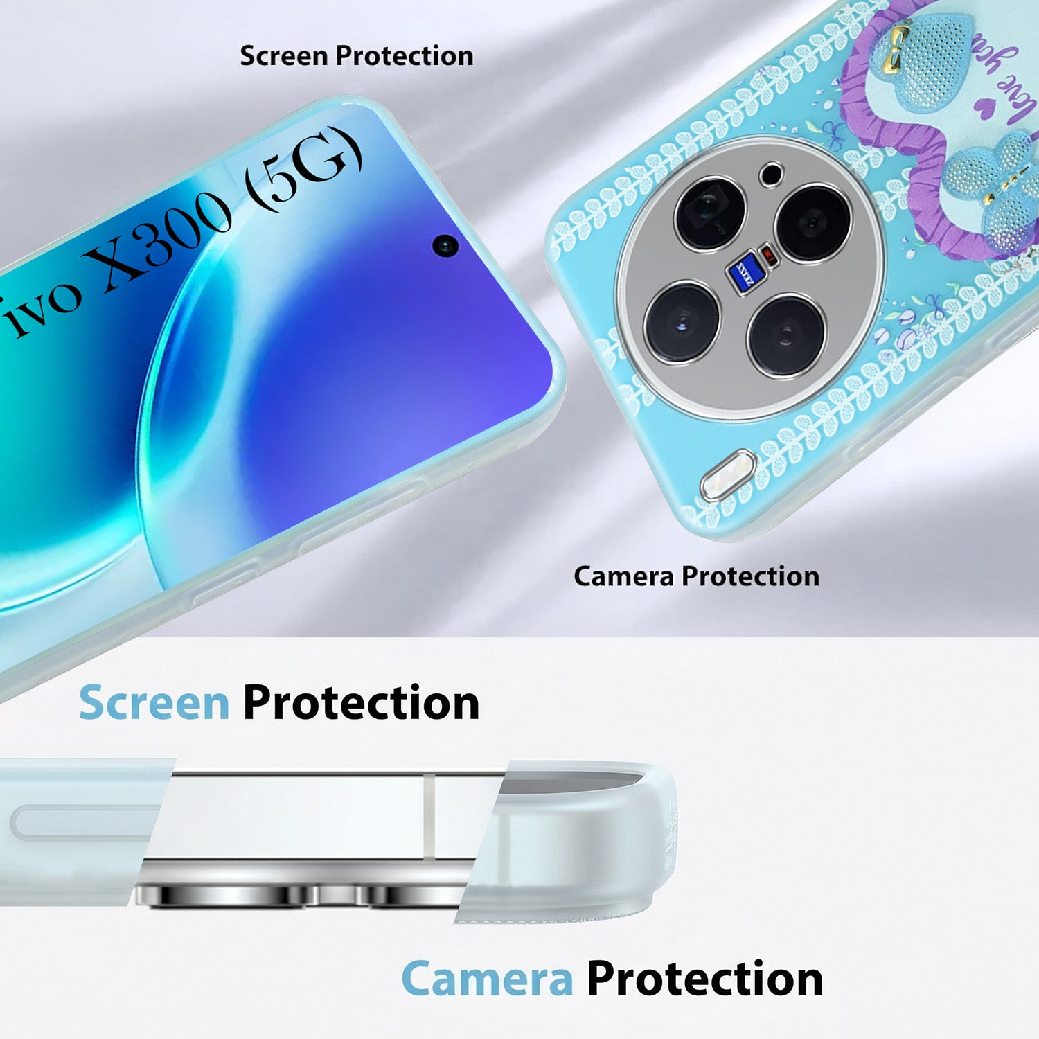 For Vivo X300 5G Back Cover Case (3D Cute Heart Strap Holder | Camera Protection | Designer Girls Print)