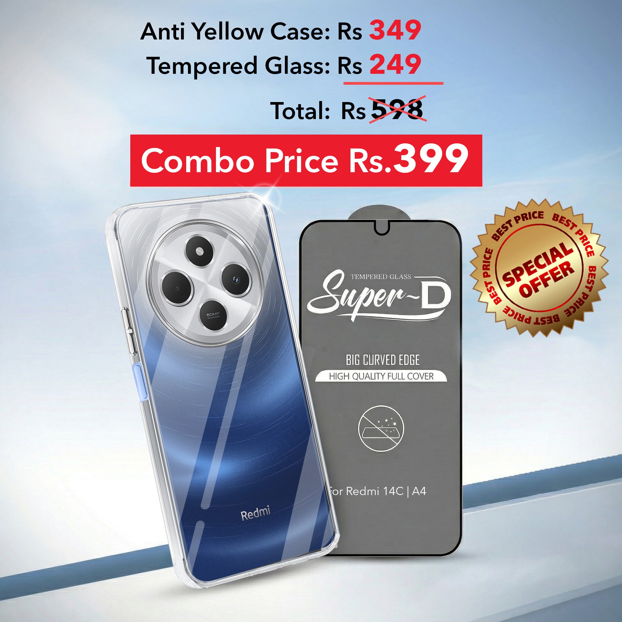 For Redmi A4 5G | Xiaomi Redmi 14C Combo with Back Cover and 9H Tempered Glass (Lifetime Anti-Yellow | Sleek Hard Crystal | Oleophobic Coating Screen Glass)