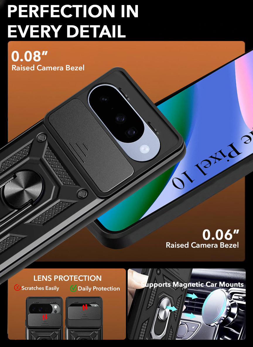 For Google Pixel 10 Back Cover Case (Sliding Shutter Camera Protection | Polycarbonate |Ring Holder Kickstand)