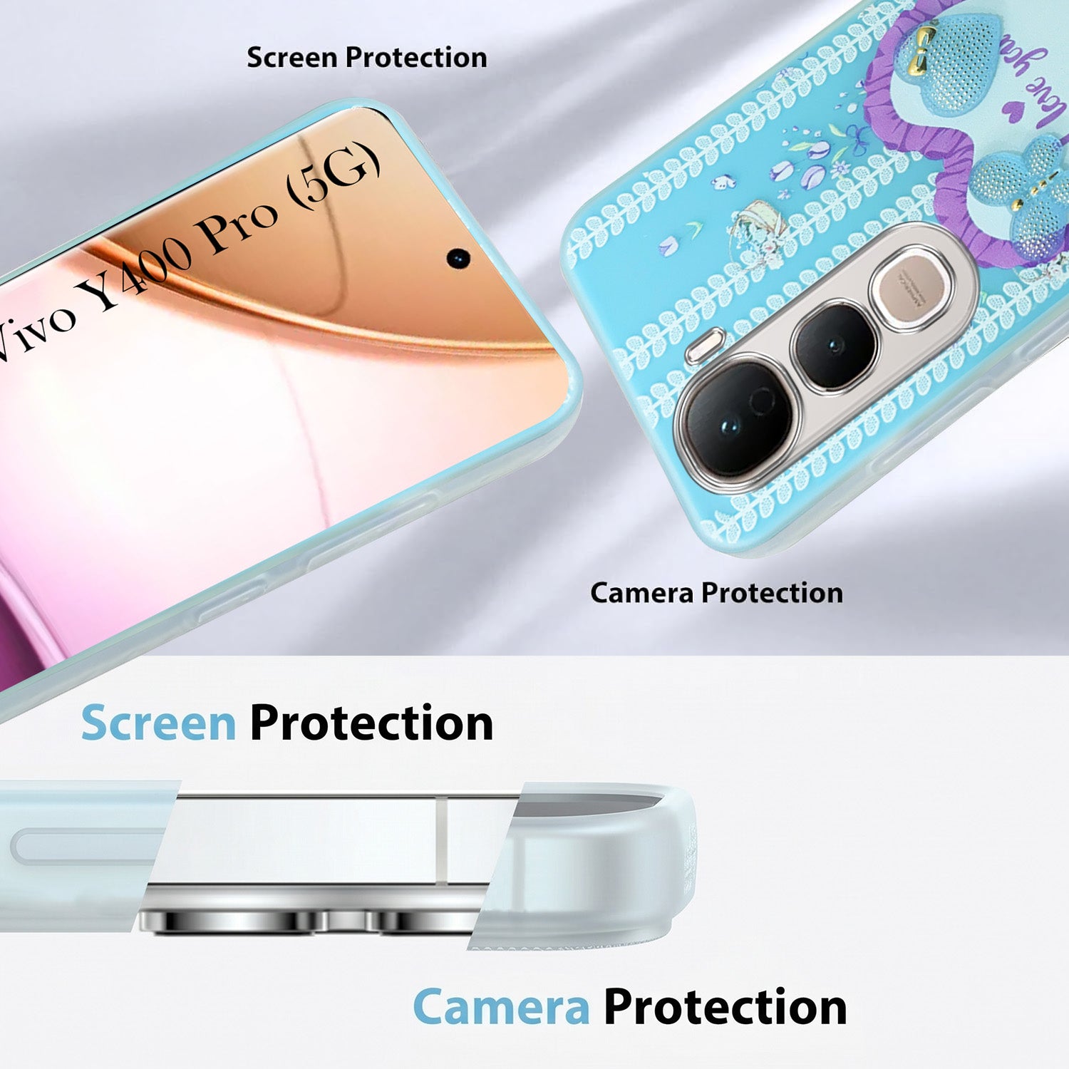 For Vivo Y400 Pro Back Cover Case (3D Cute Heart Strap Holder | Camera Protection | Designer Girls Print)