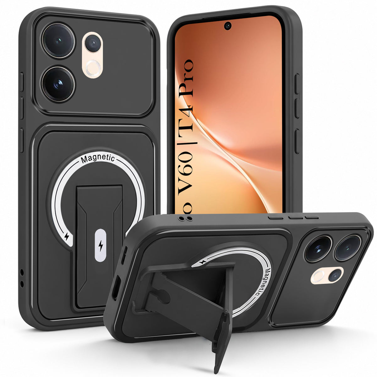 For Vivo V60 | Vivo T4 Pro Back Case Cover Metallic (Hybrid Armor Kickstand | MagSafe Compatible | Camera Protection Shockproof)