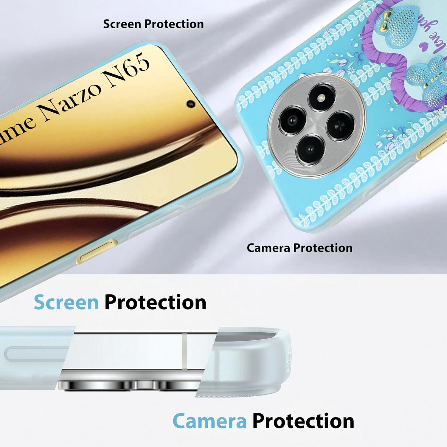 For Realme Narzo N65 5G Back Cover Case (3D Cute Heart Strap Holder | Camera Protection | Designer Girls Print)