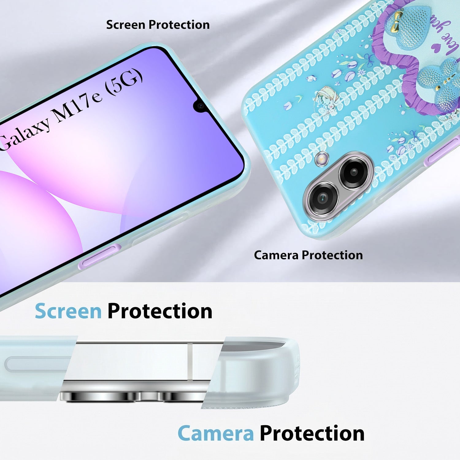 For Samsung Galaxy M17e Back Cover Case (3D Cute Heart Strap Holder | Camera Protection | Designer Girls Print)