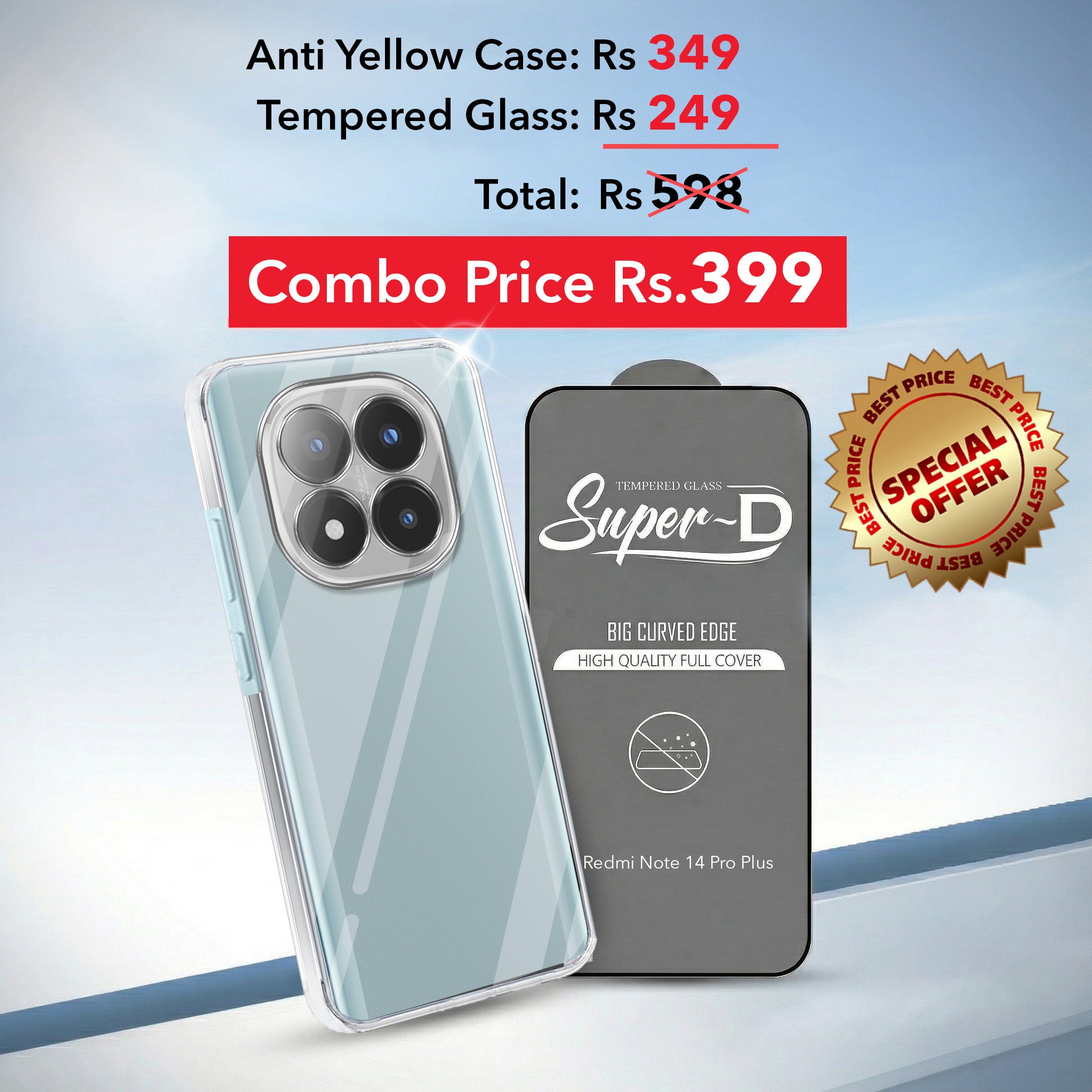 For Redmi Note 14 Pro Plus Combo with Back Cover and 9H Tempered Glass (Lifetime Anti-Yellow | Sleek Hard Crystal | Oleophobic Coating Screen Glass)