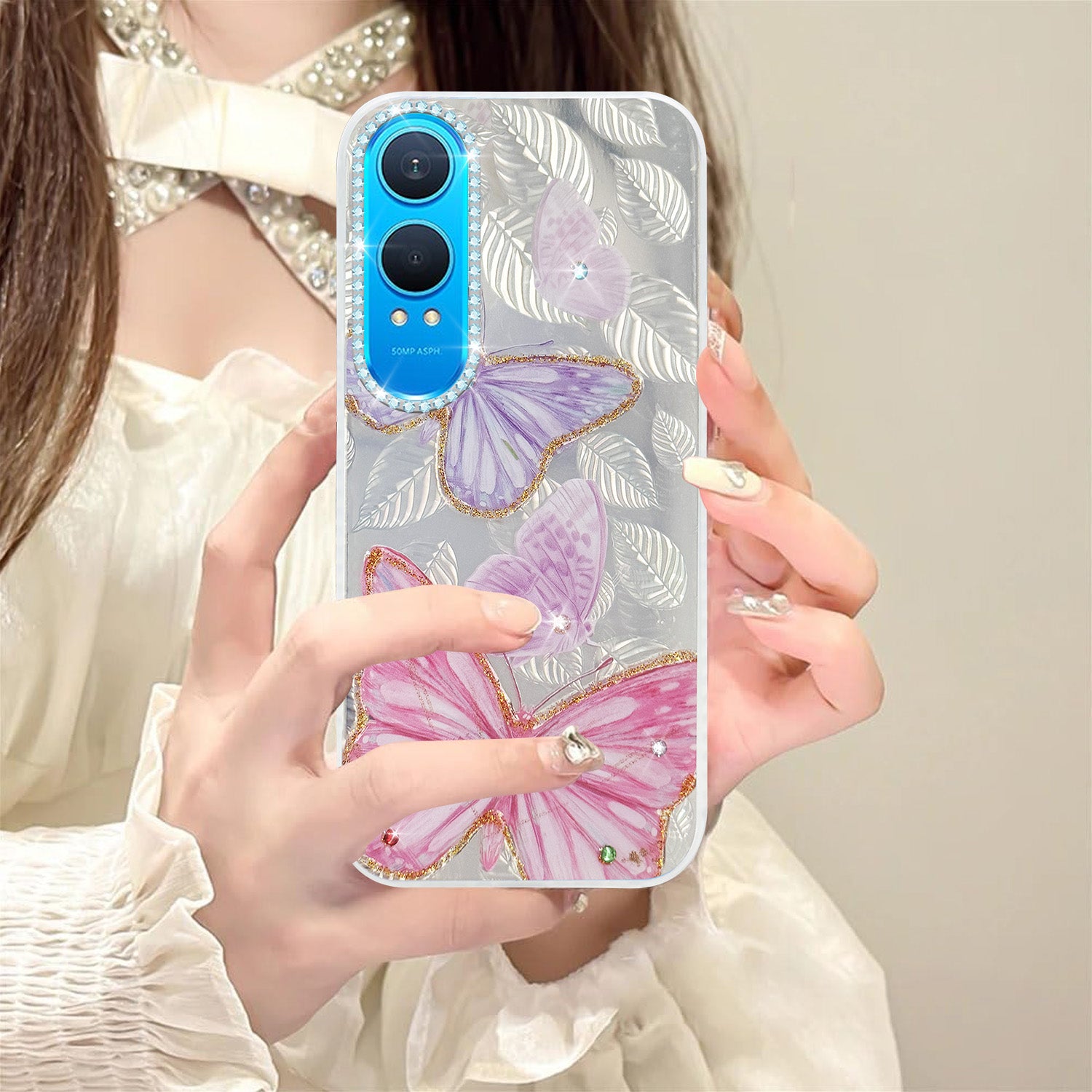 For OnePlus Nord CE 4 Lite Back Cover Case (Luxury Floral Glitter Cute Butterfly | Diamond Studded Camera Bump | Girls & Women Design)