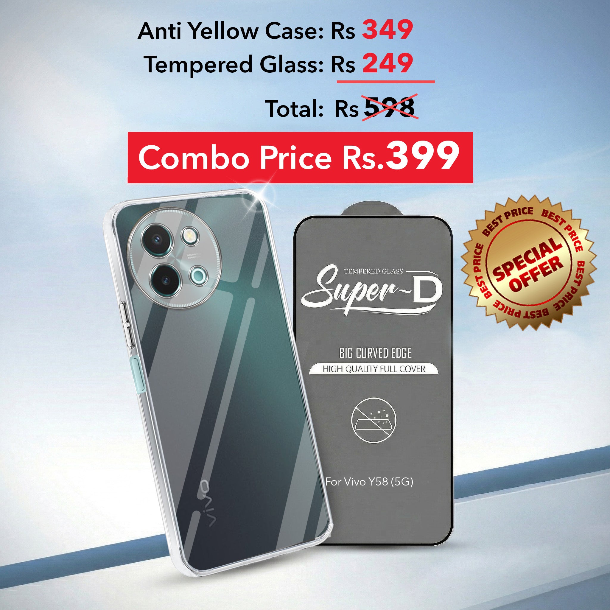 For Vivo Y58 5G Combo with Back Cover and 9H Tempered Glass (Liquid Silicone | Camera Protection | Oleophobic Coating Screen Glass)