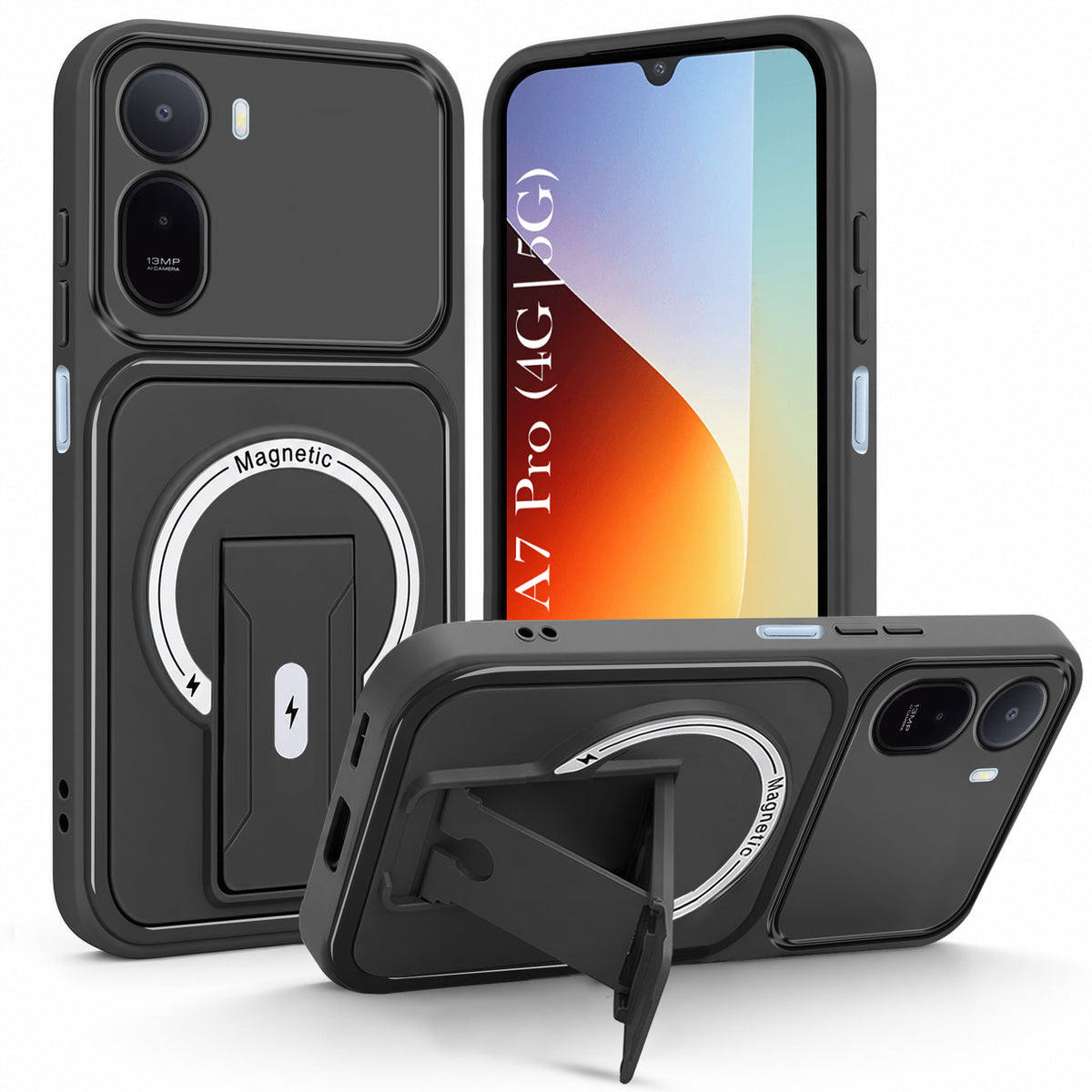 For Redmi A7 Pro 4G|5G Back Case Cover Metallic (Hybrid Armor Kickstand | MagSafe Compatible | Camera Protection Shockproof)