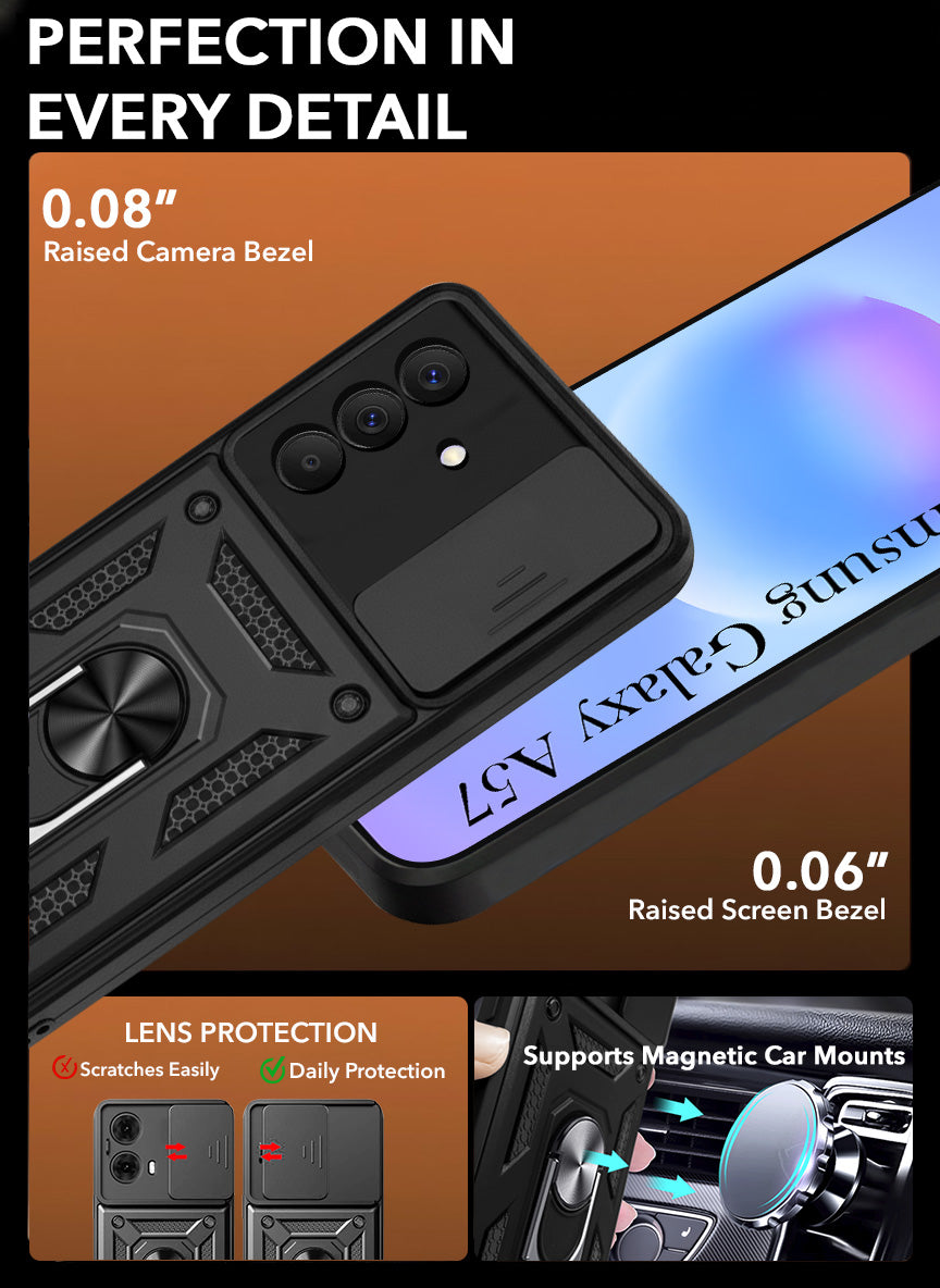 For Samsung Galaxy A57 5G Back Cover Case Hybrid Armor (Sliding Shutter Camera Protection | Polycarbonate |Ring Holder Kickstand)