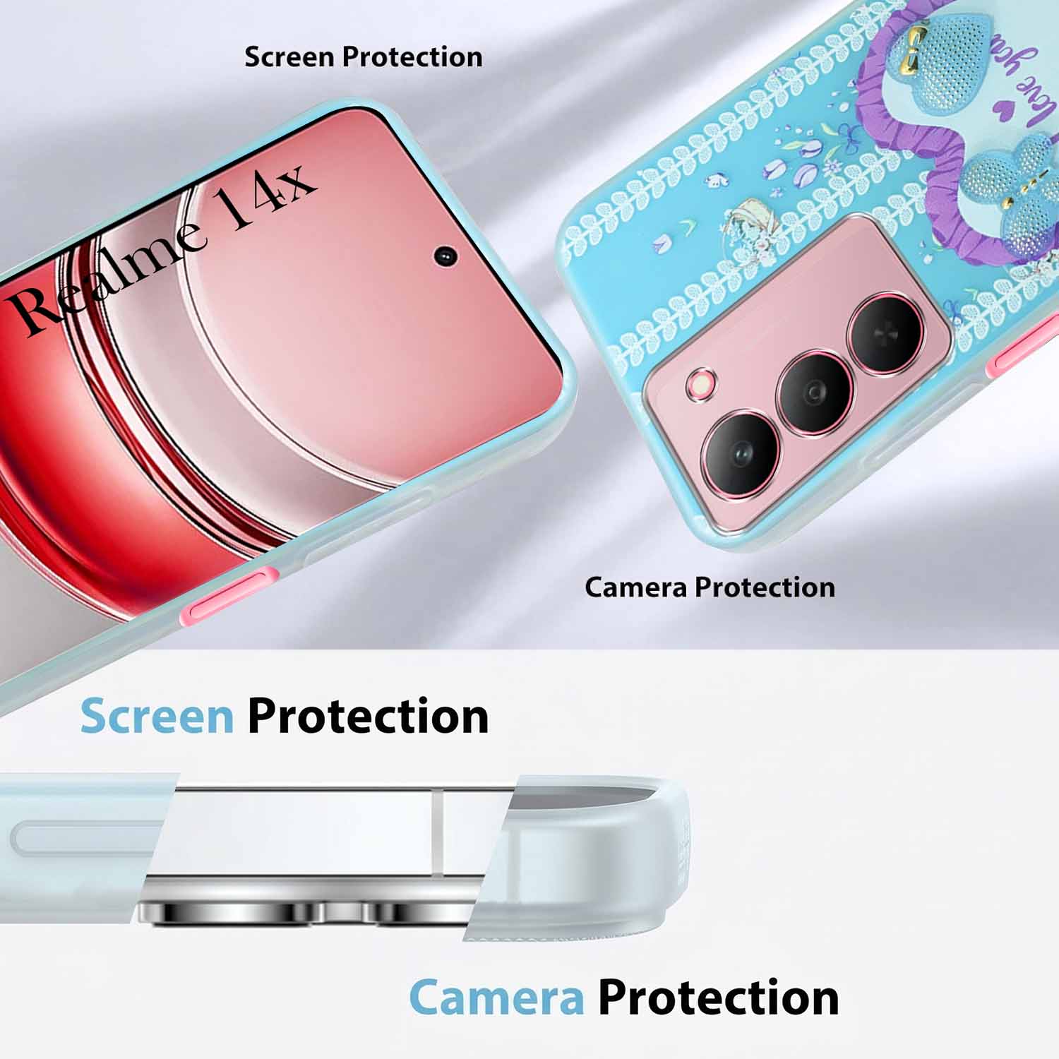 For Realme 14X Back Cover Case (3D Cute Heart Strap Holder | Camera Protection | Designer Girls Print)