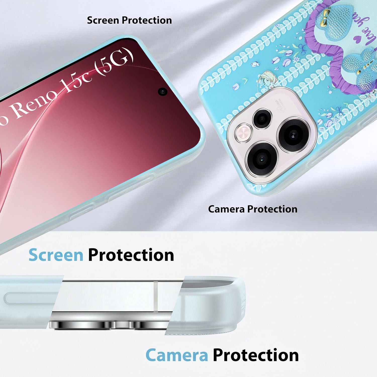For Oppo Reno 15c Back Cover Case (3D Cute Heart Strap Holder | Camera Protection | Designer Girls Print)