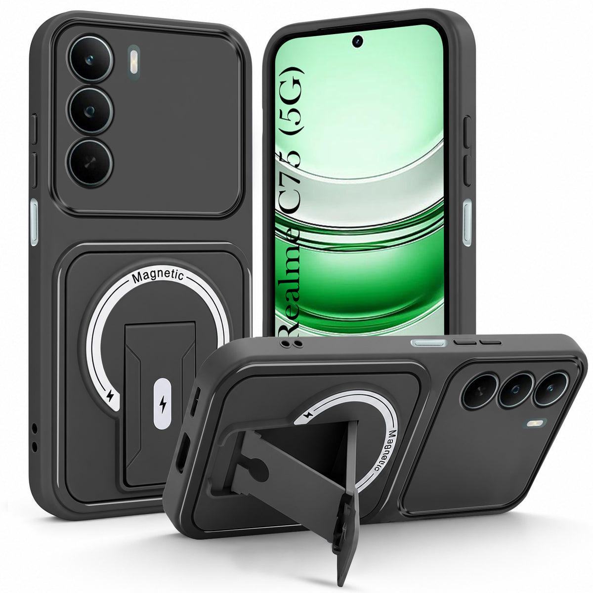 For Realme C75 5G Back Case Cover Metallic (Hybrid Armor Kickstand | MagSafe Compatible | Camera Protection Shockproof)
