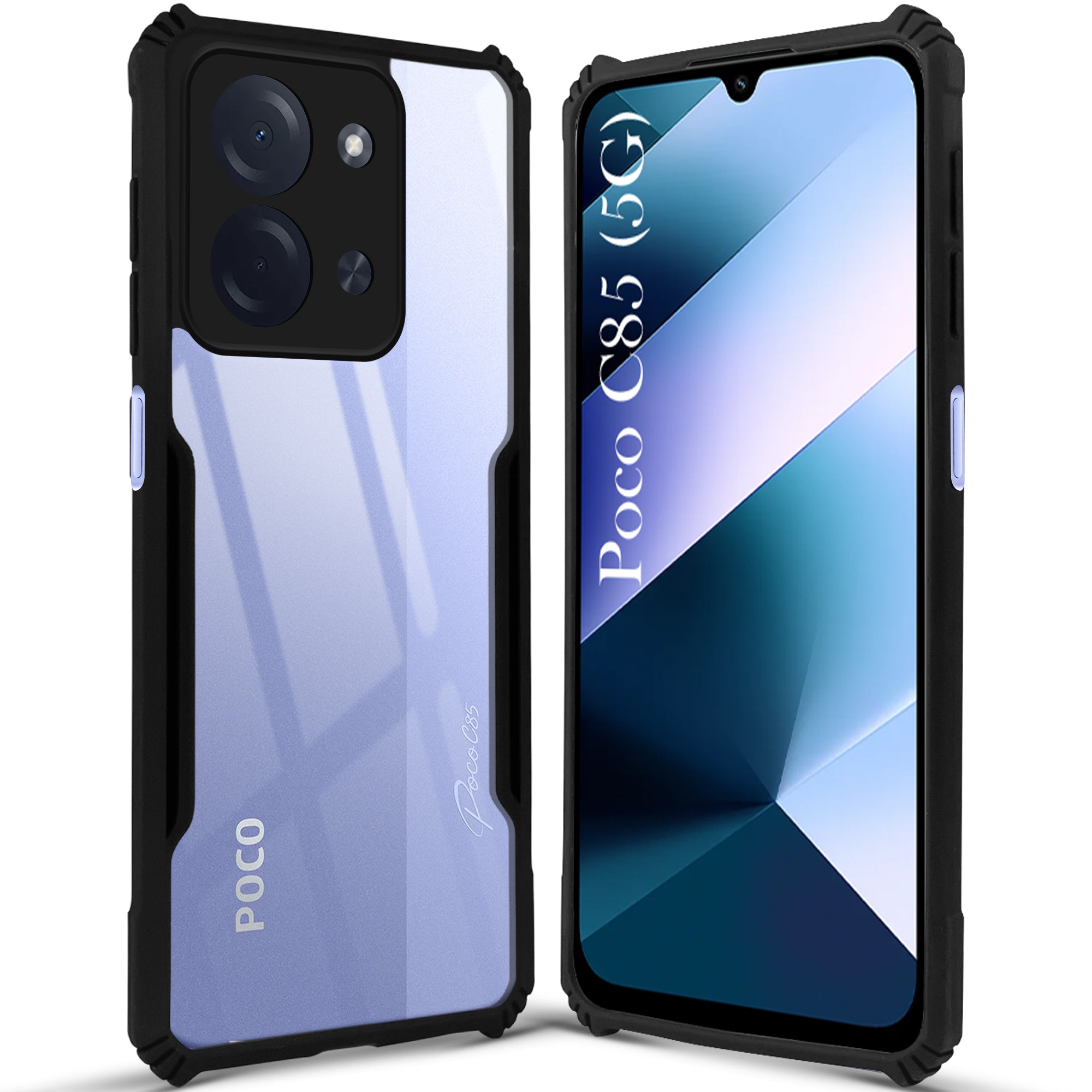 For Poco C85 5G Back Cover Case Hybrid (Shockproof with Polycarbonate Clear Panel | Professional Black)